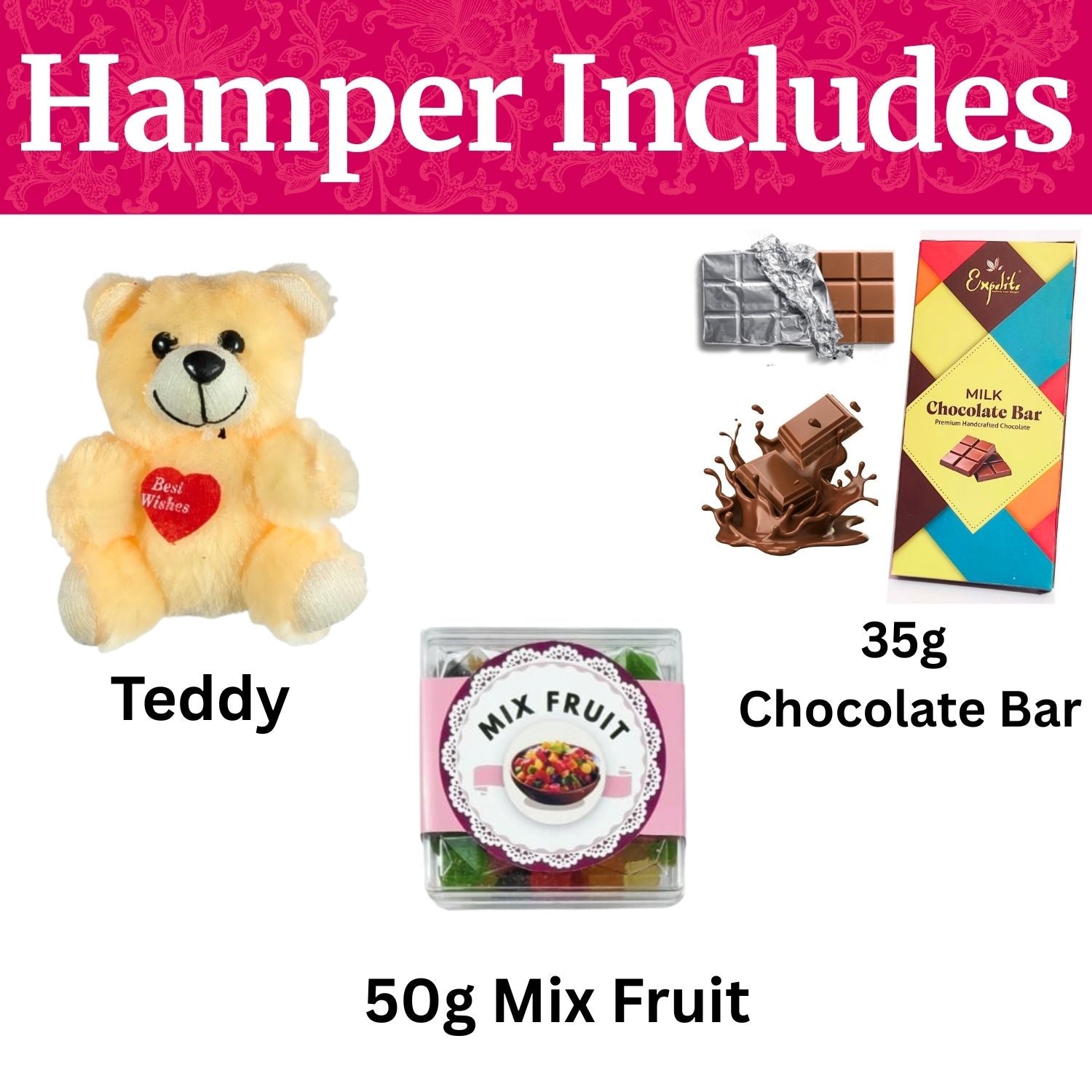 Unique Rakhi Gift Hamper For Sister With 2X 35G Chocolate Bar, Teddy , 50G Mix Fruit And Greeting Card | Best Rakshabandhan Gift For Sister