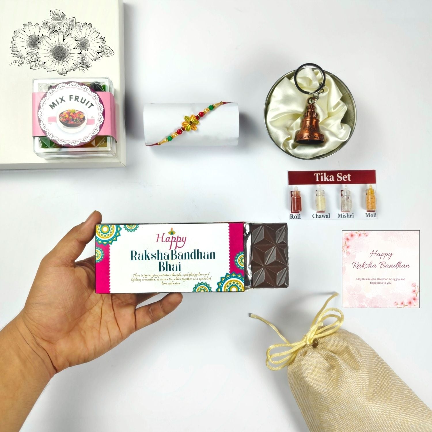 Special Rakhi Gift For Brother , Chocolate Gift Hamper With Rakhi, Tika Set, Guardian Bell, Jute Potli  And Greeting |Rakhi Gift For Brother