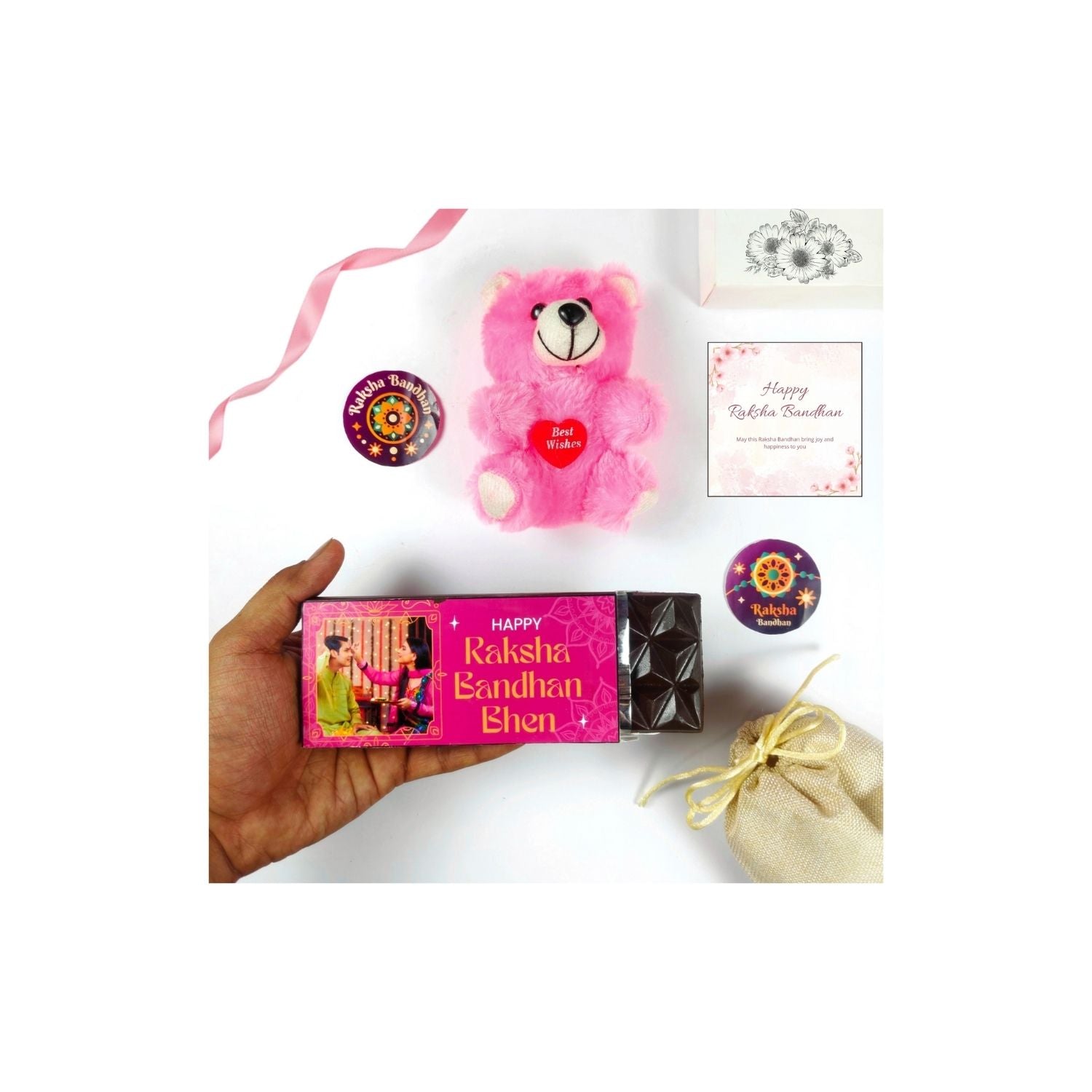 Customized Rakhi Gift For Bhen, Rakshabandhan Gift For Sister With 35G Chocolate Bar, Teddy, Greeting Card And Potli | Best Raksha Bandhan Gift