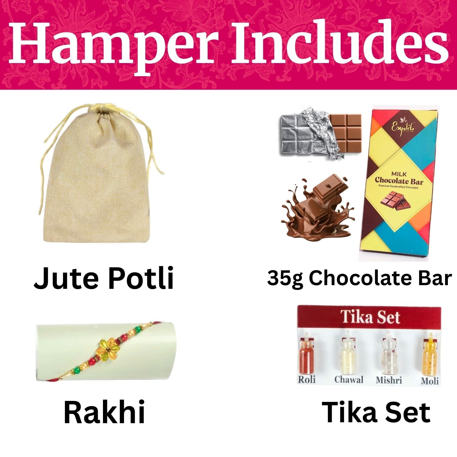 Personalized Rakhi Hamper For Brother, Rakhi Chocolate Gift For Bhai With 35G Chocolate Bar, Rakhi, Tika Set, Greeting Card And Potli | Unique Raksha Bandhan Gift