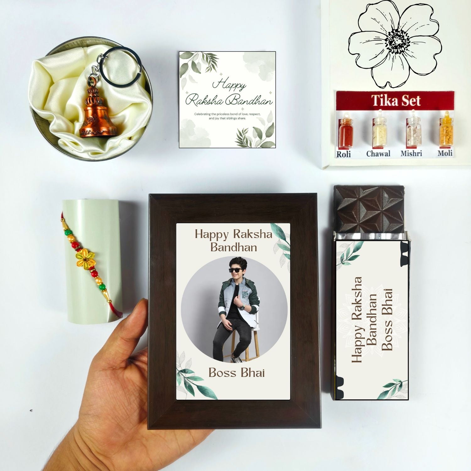 Unique Personalized Rakhi Combo For Brother, Raksha Bandhan Gift For Brother With Boss Bhai Theme 35G Chocolate Bar, Personalised Photo Frame,  Rakhi, Tika Set, Greeting Card And Guardian Bell | Unique Rakhi Gift