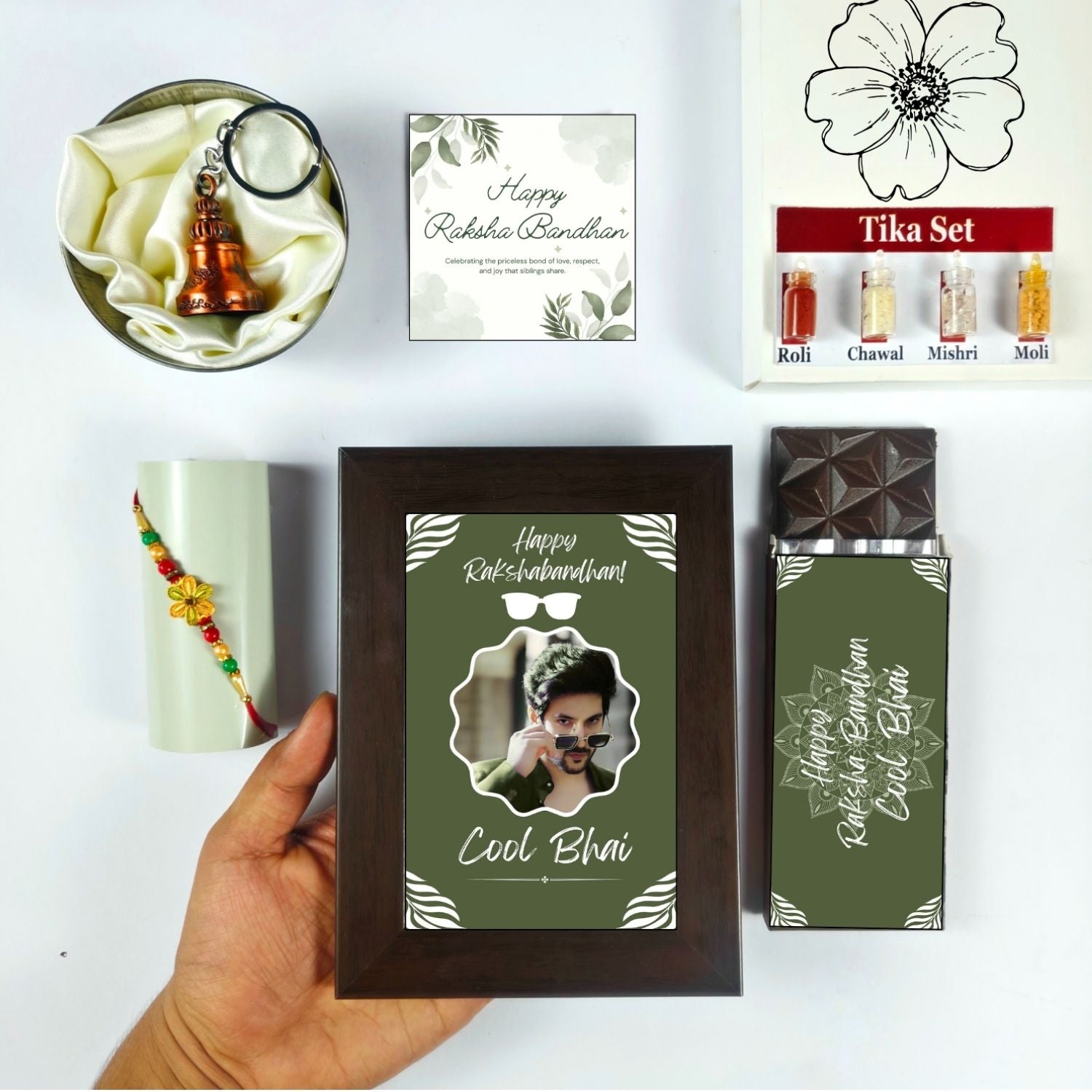 Unique Personalized Rakhi Combo For Brother, Raksha Bandhan Gift For Brother With Cool Bhai Theme 35G Chocolate Bar, Rakhi, Customized Photo Frame, Tika Set, Greeting Card And Guardian Bell | Unique Rakhi Gift