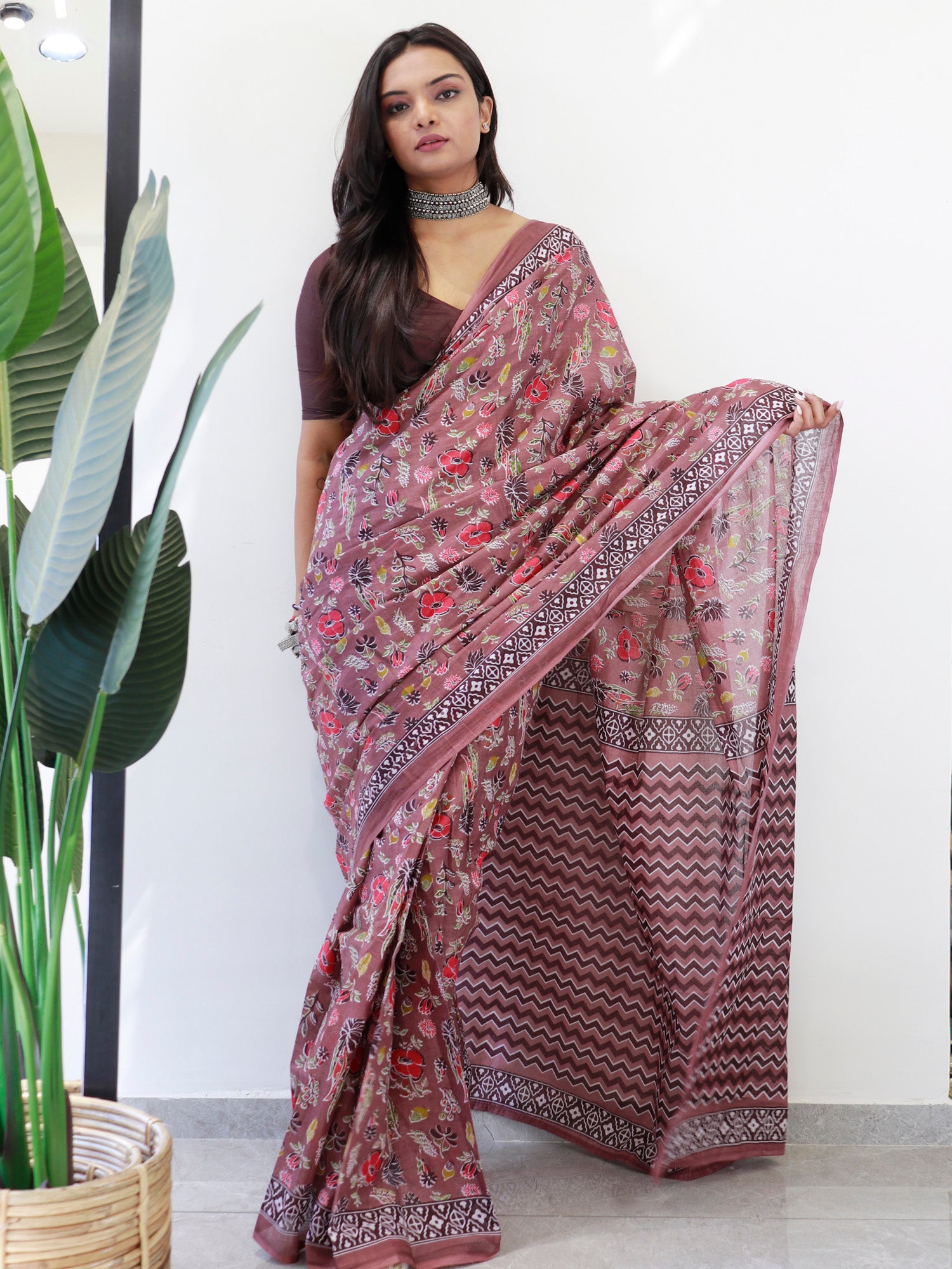 Women's Cotton Brown Printed Ready To Wear With Blouse Piece
