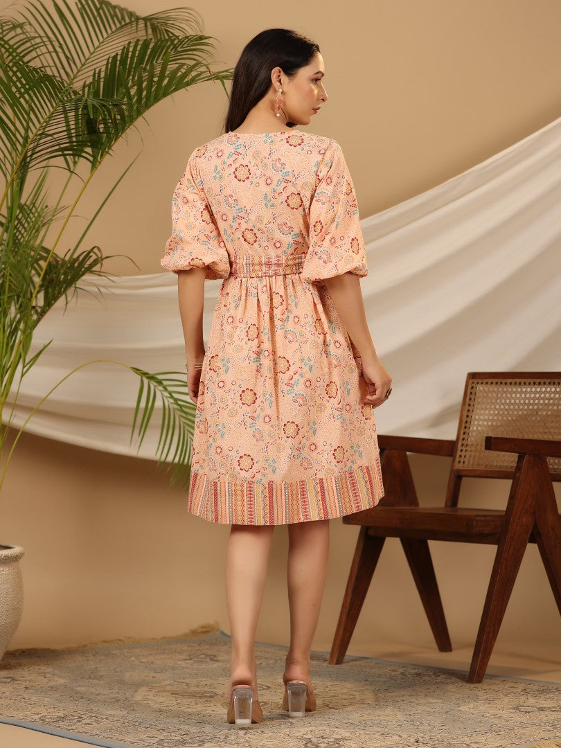 Women's Peach Cotton Cambric Printed Dress