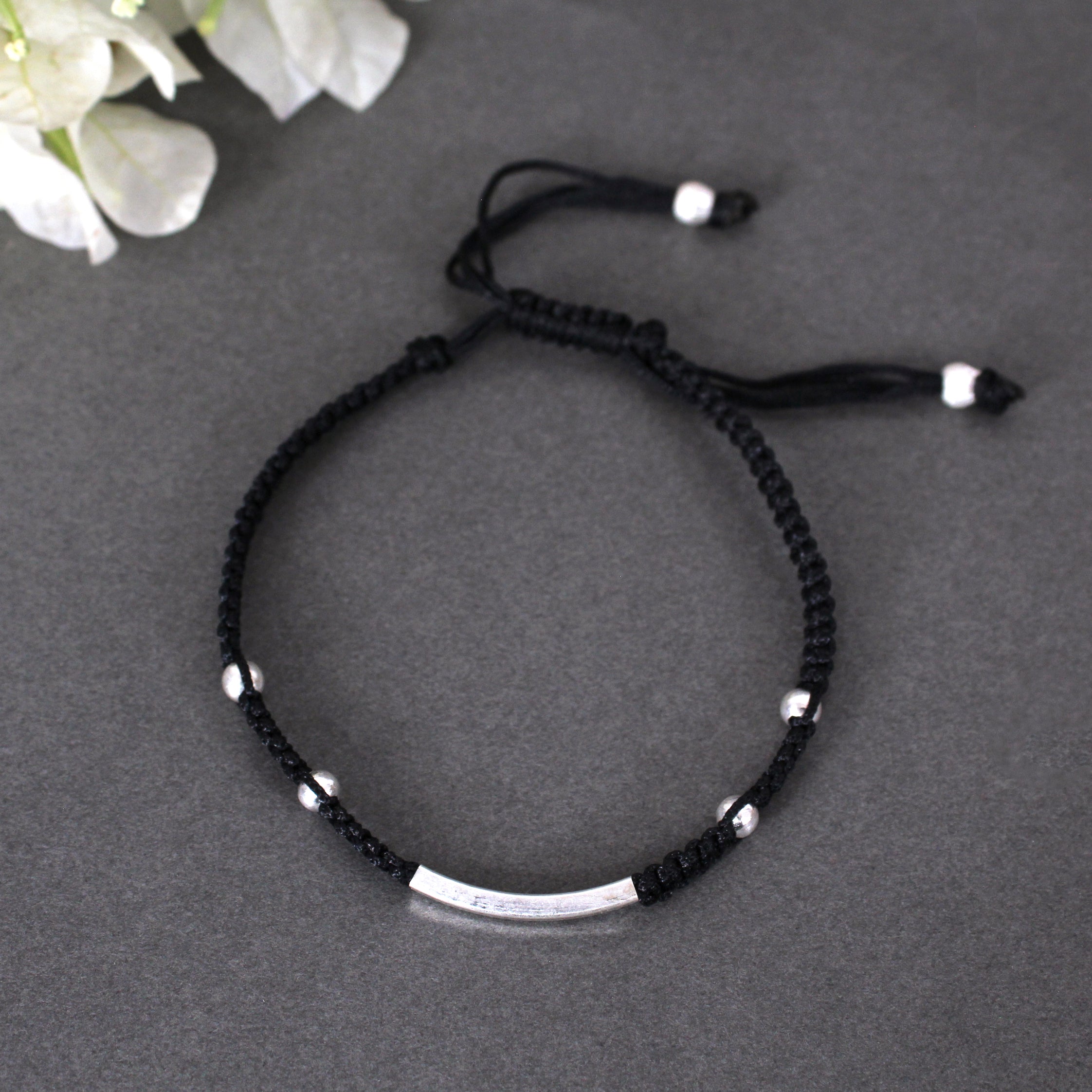 Women's Black Adjustable Thread Silver Anklets