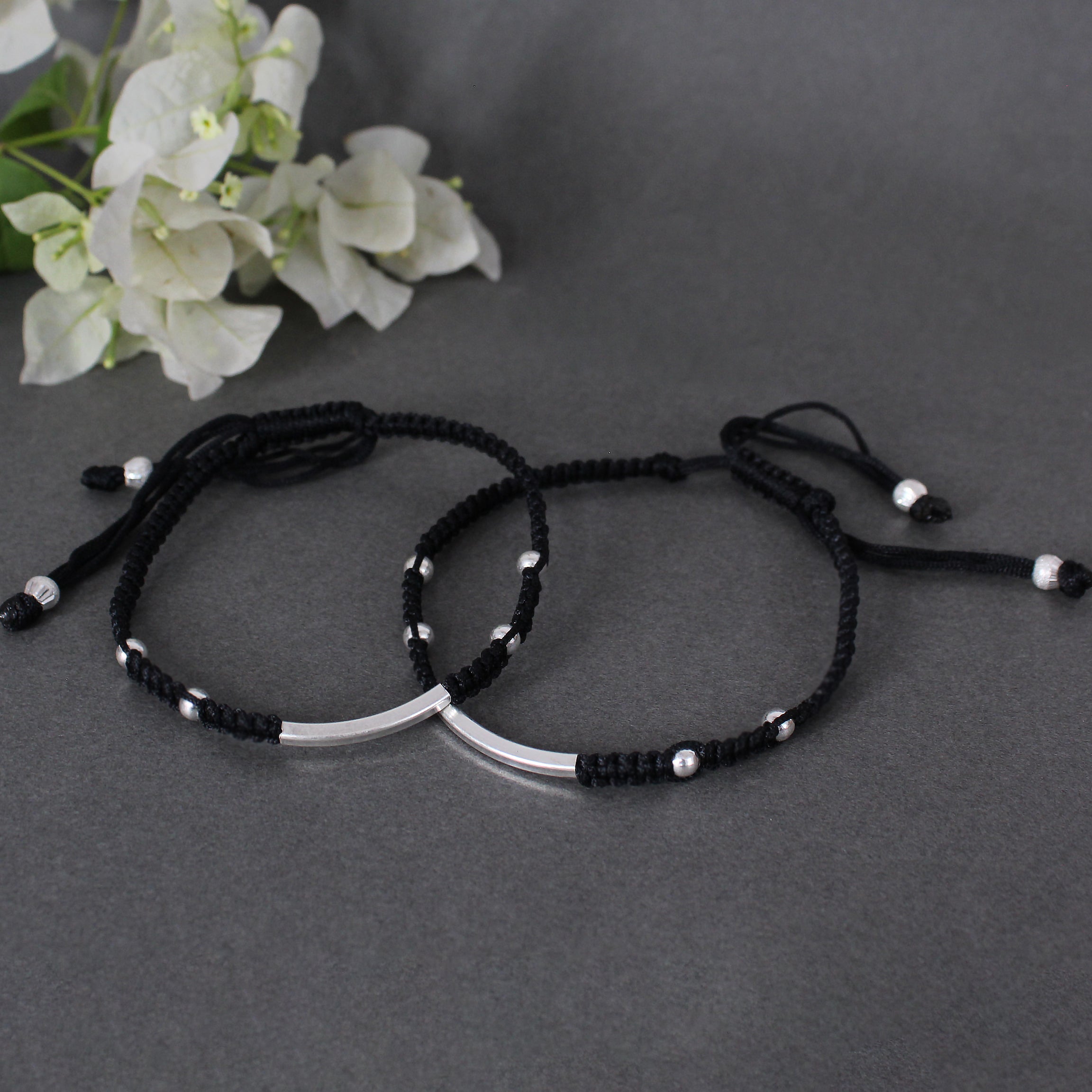 Women's Black Adjustable Thread Silver Anklets