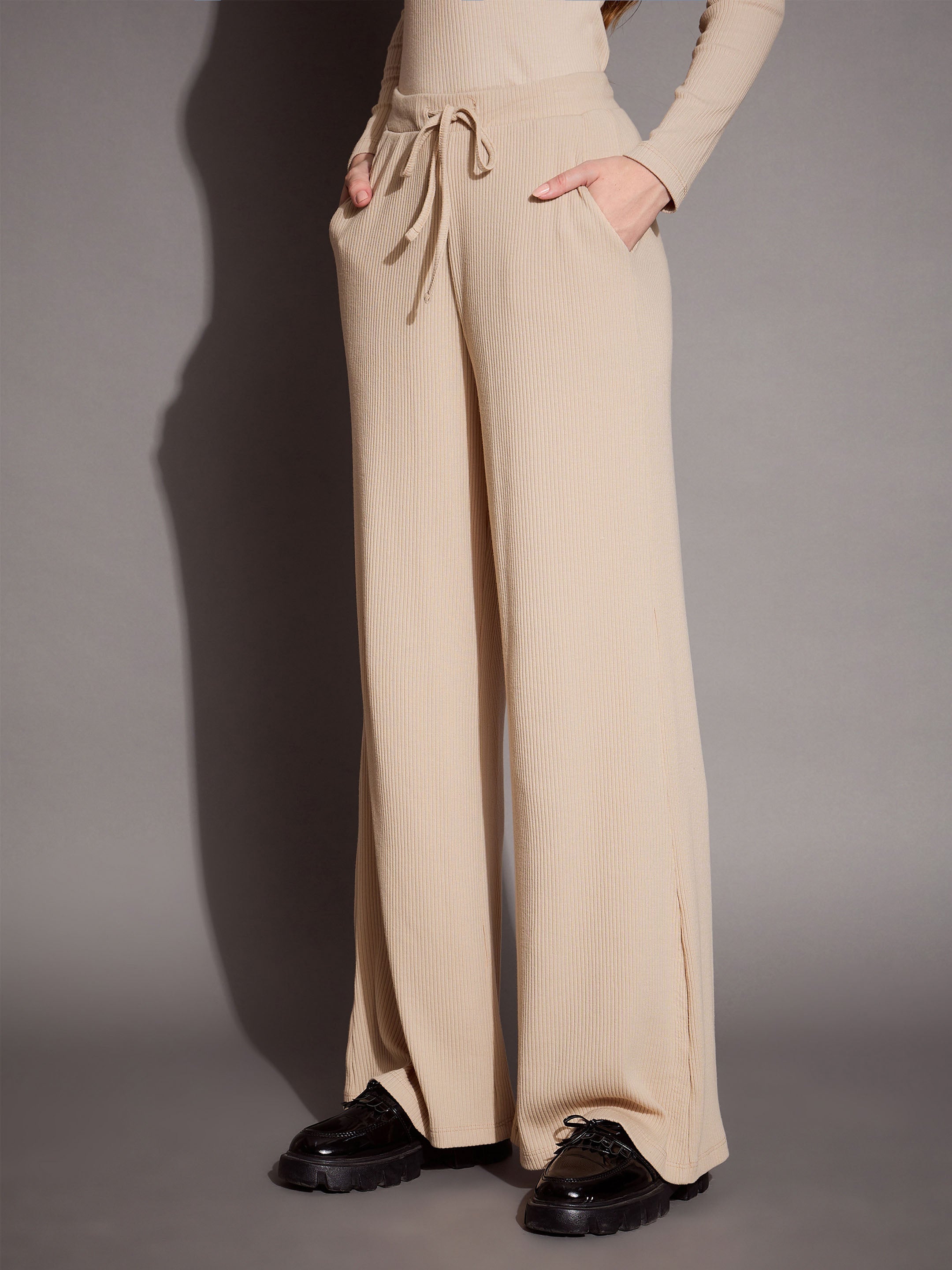 Women's Beige Rib Track Pant