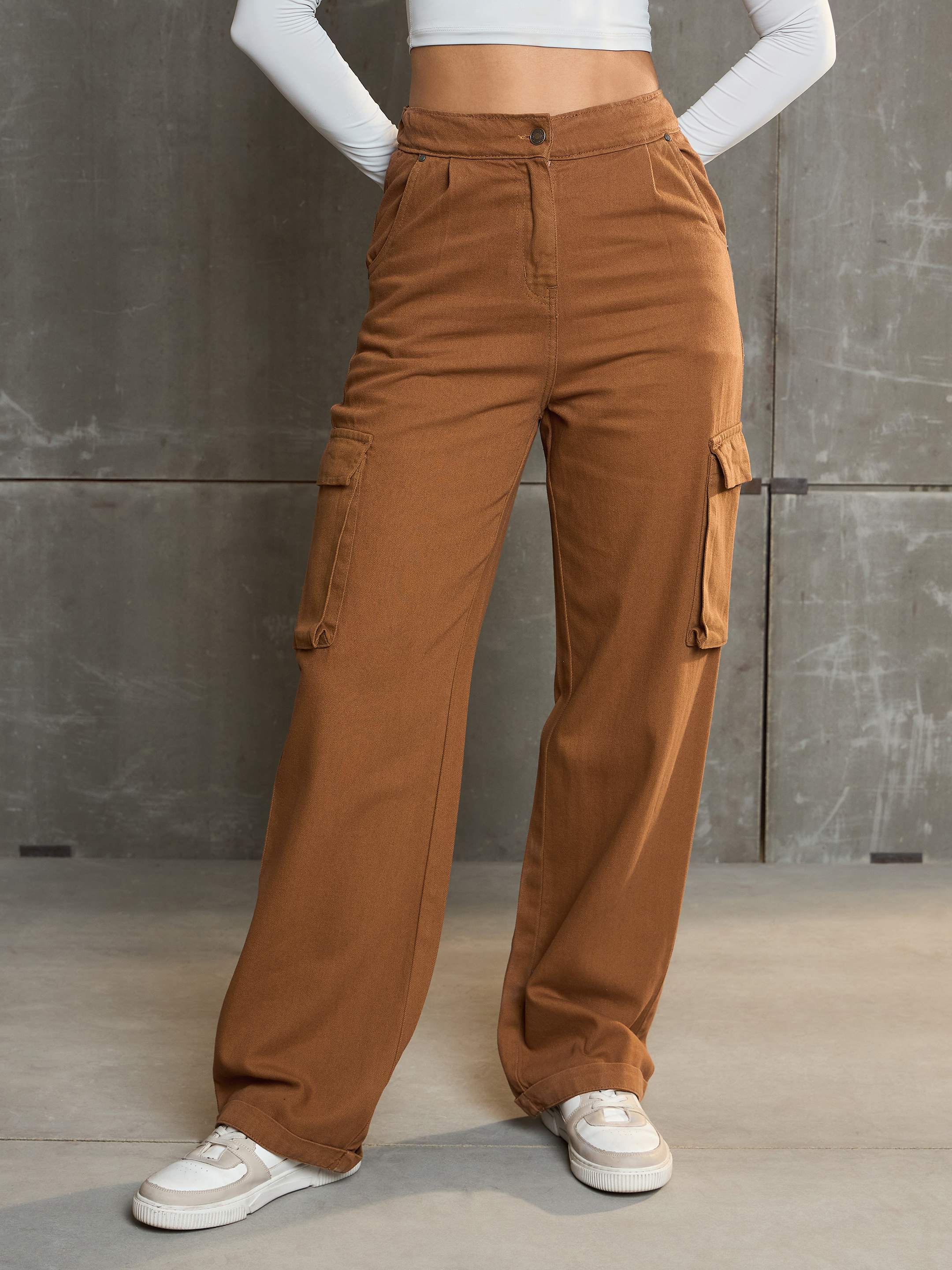 Women's Tan Box Pockets Straight Cargo Pan