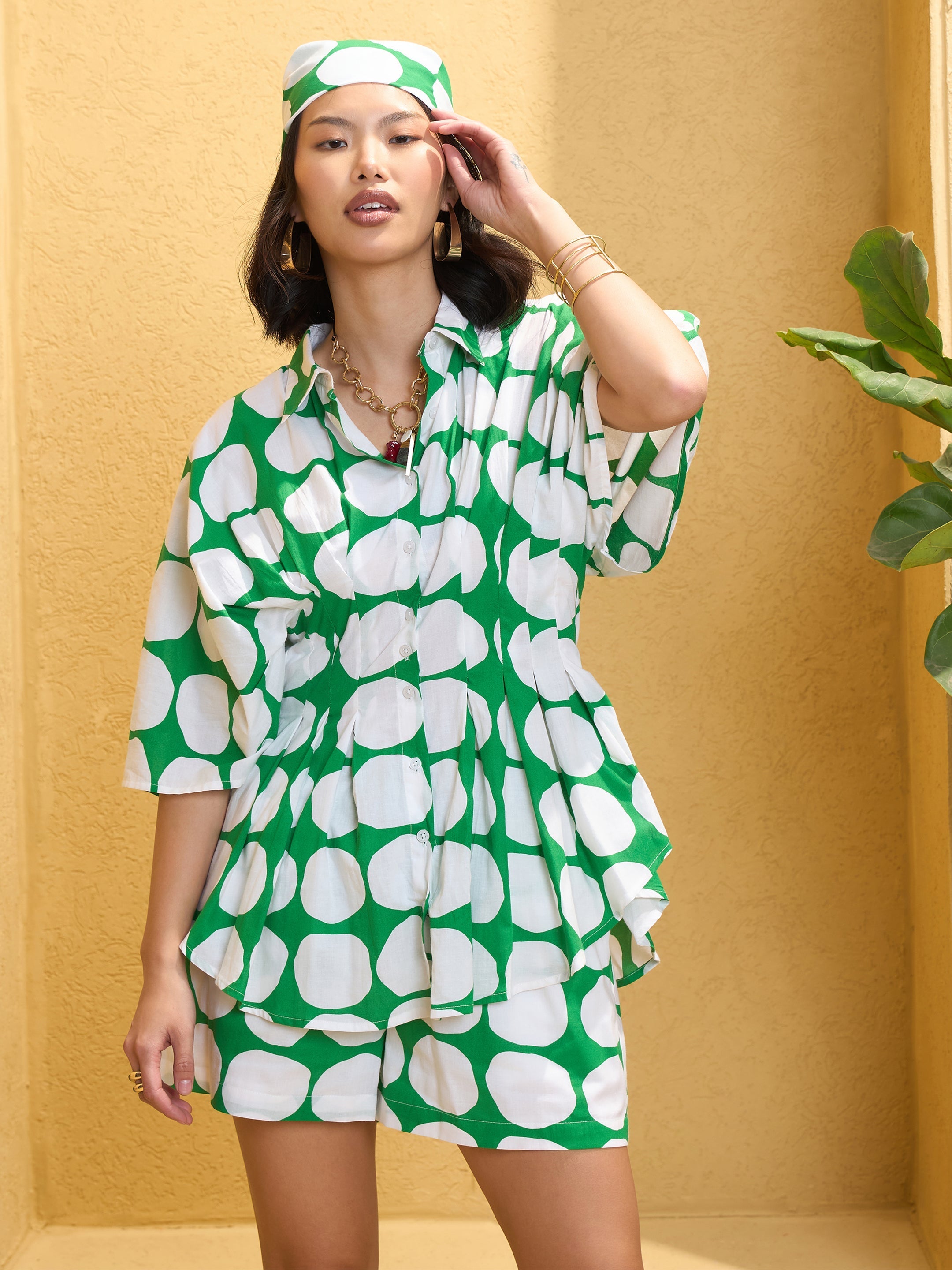 Women's Green Polka Dot Shirt with Shor