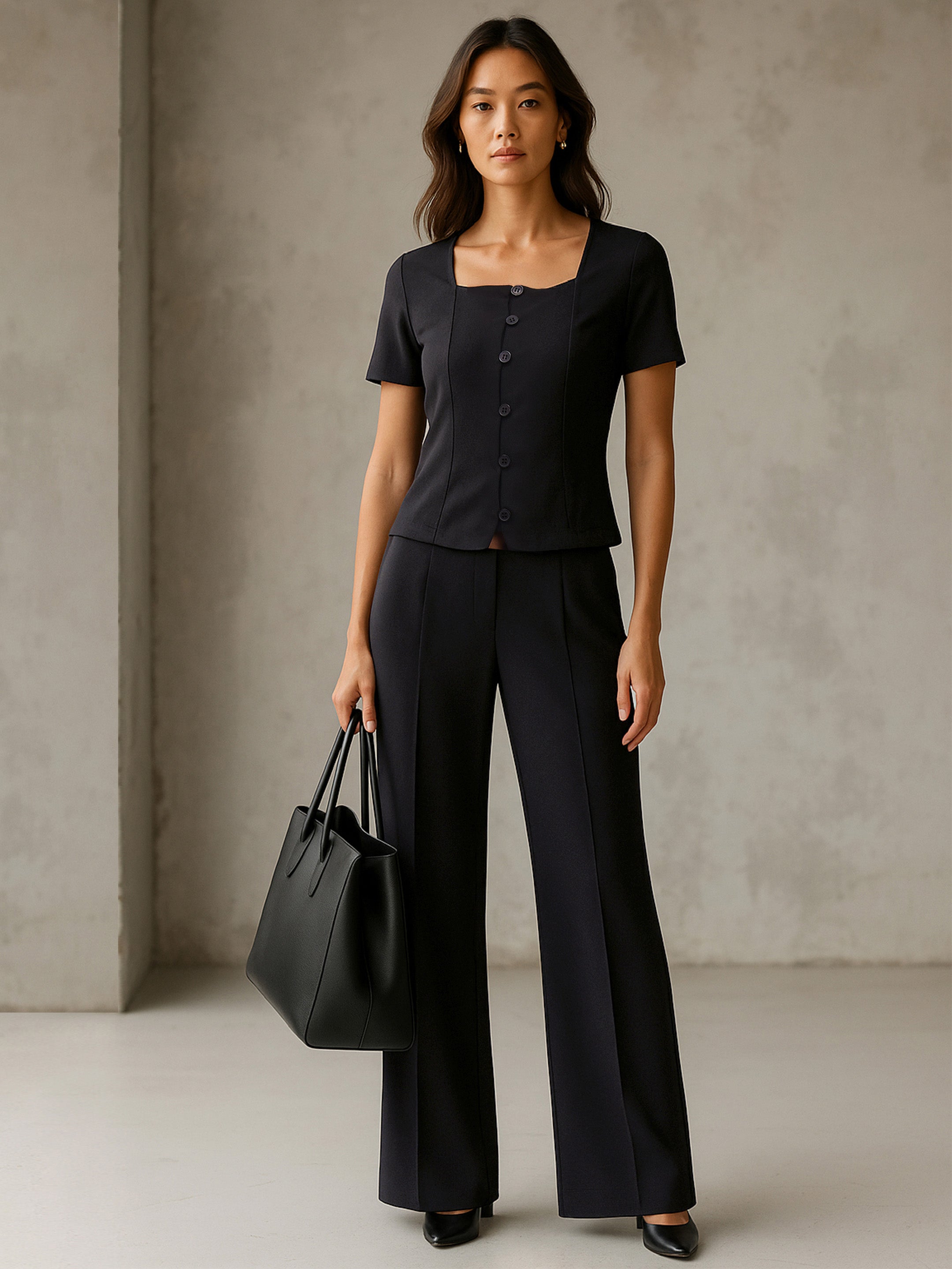 Women's Black Button Top With Cross Pocket Pants