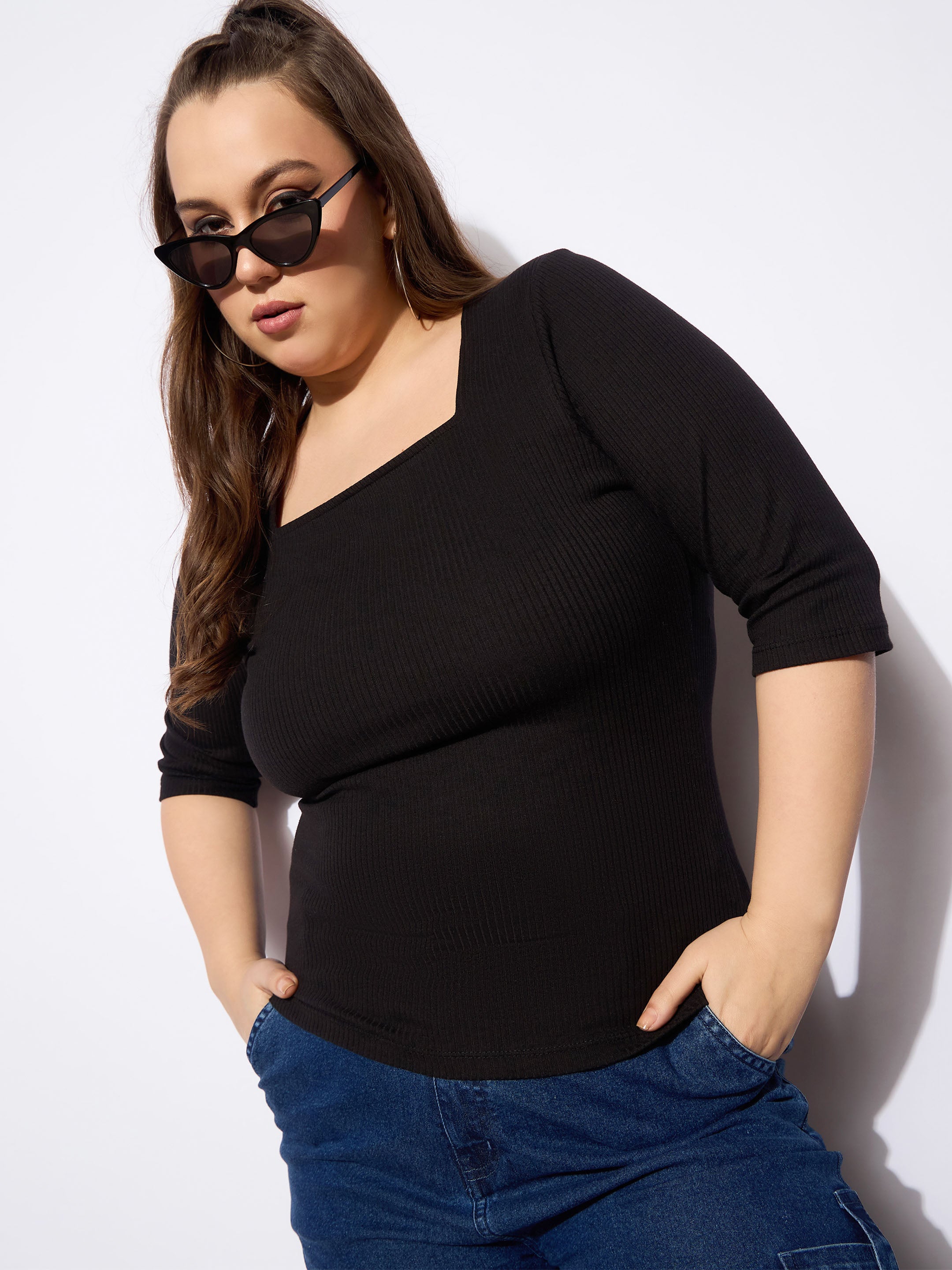 Women's Black Rib Square Neck T