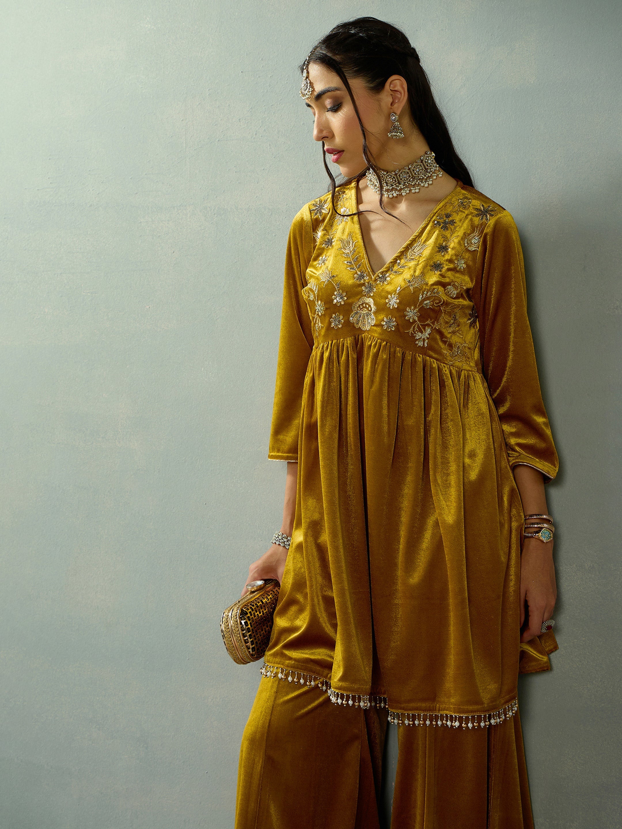Women's Mustard Embroidered Co-Ord Set