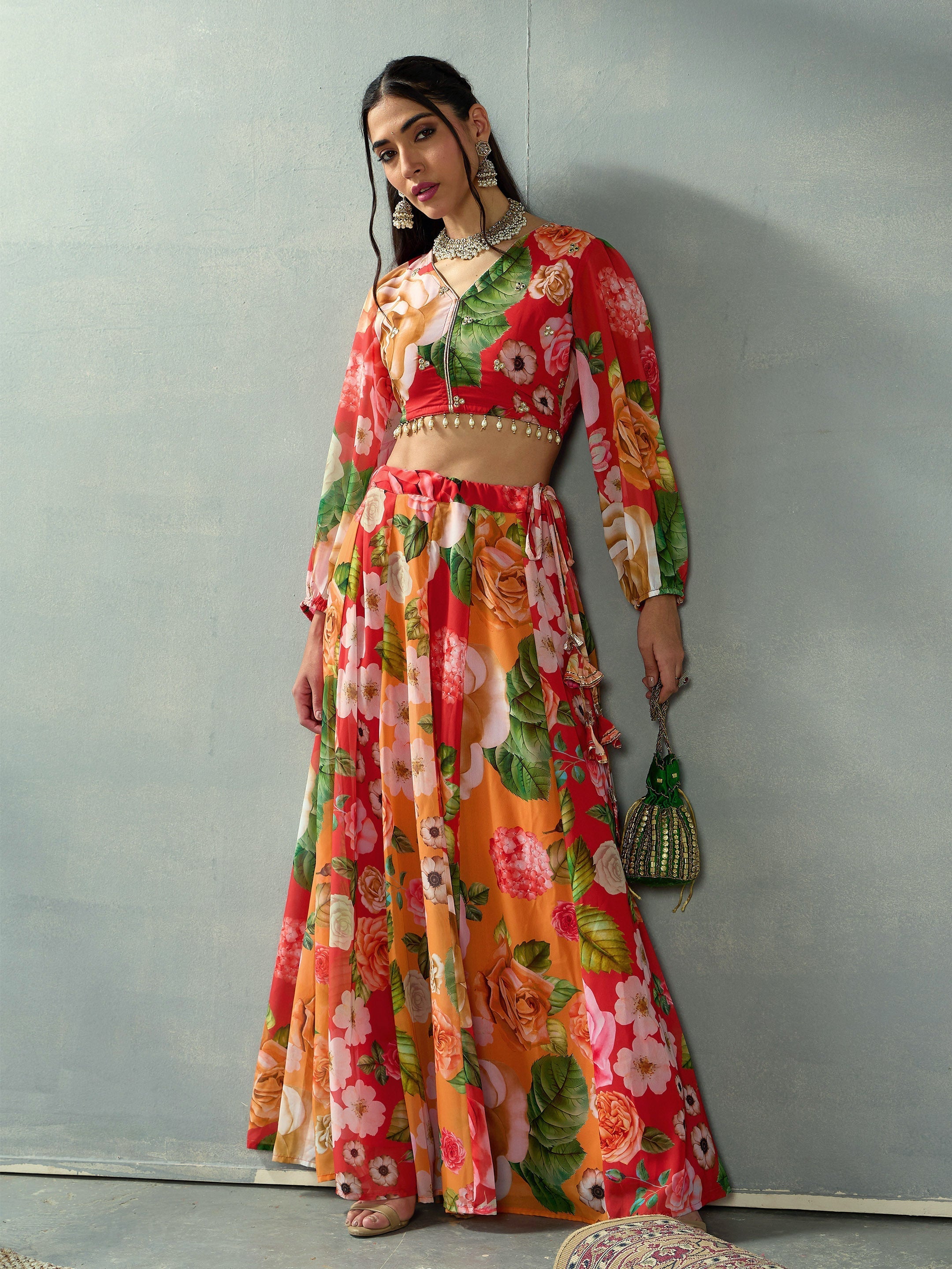 Women's Red Floral Lehenga Set