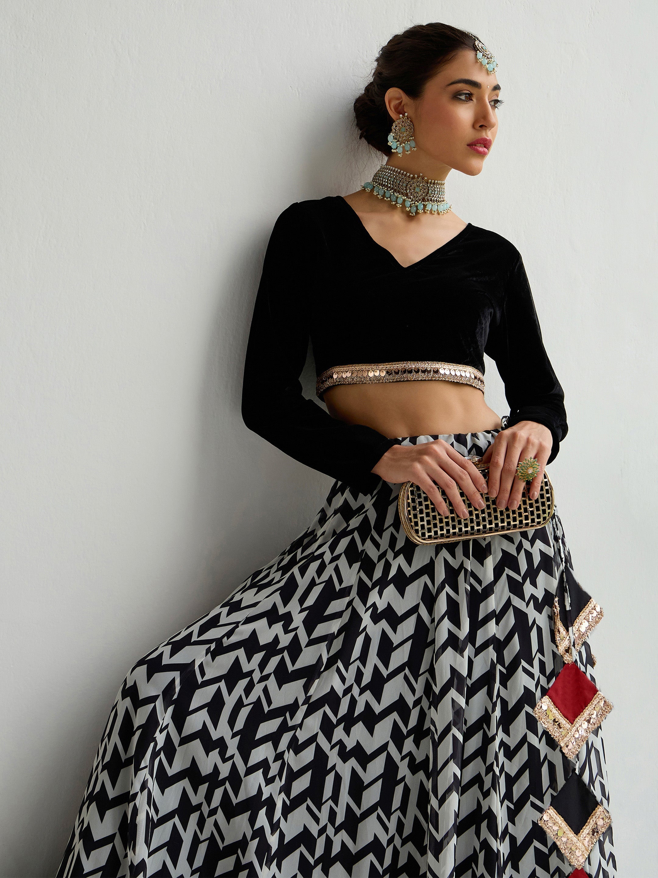 Women's Black Crop Top Lehenga Set