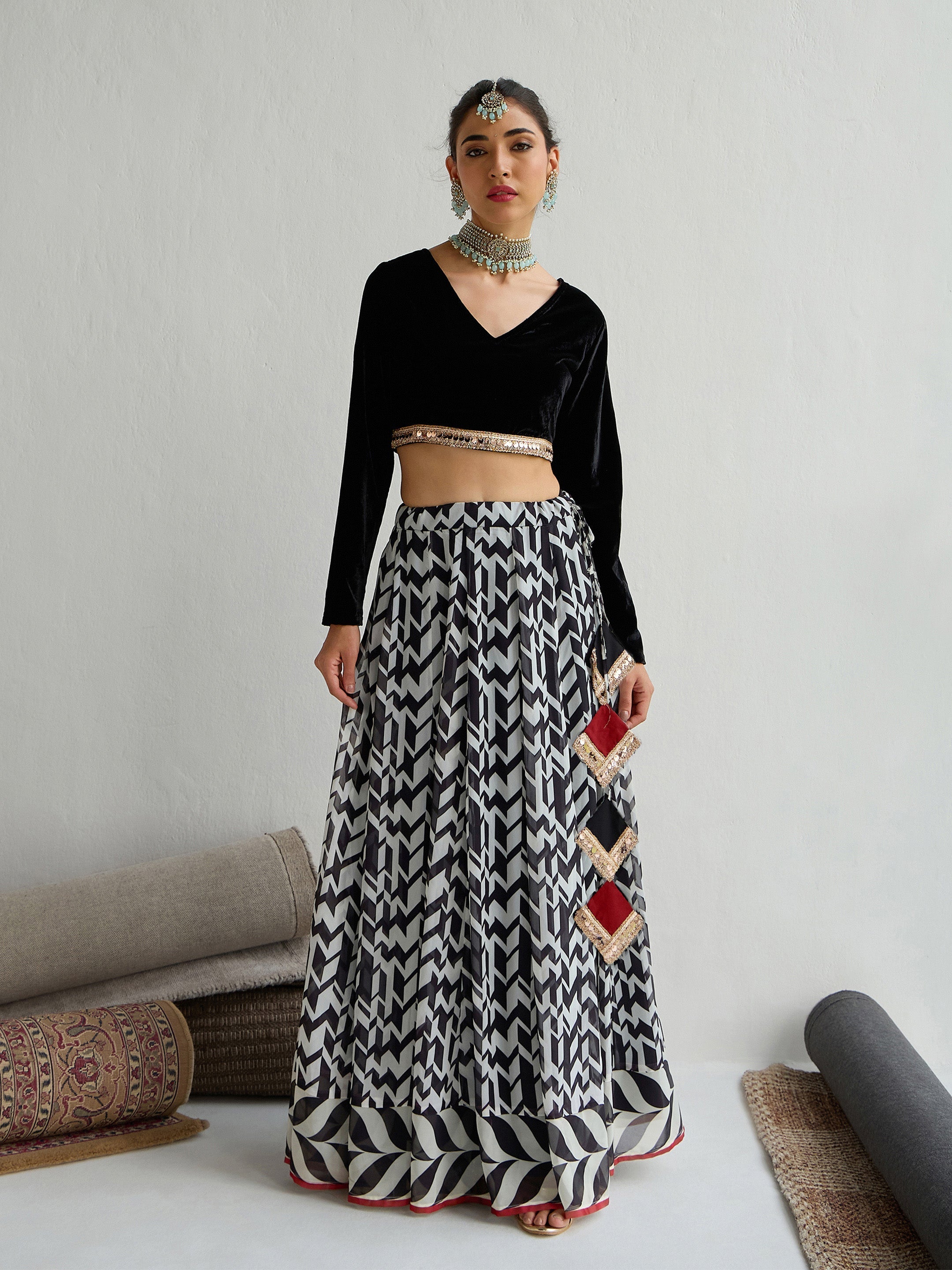 Women's Black Crop Top Lehenga Set