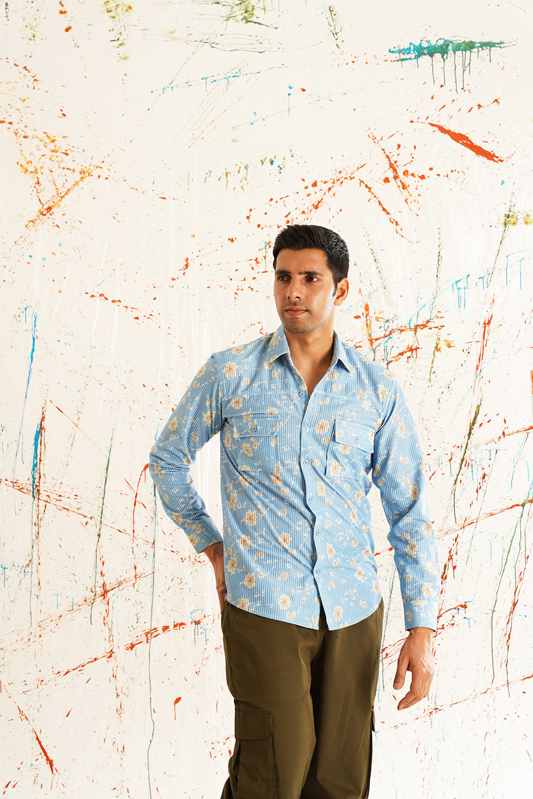Men's Printed Spread Collar Cotton Curved Casual Shirt