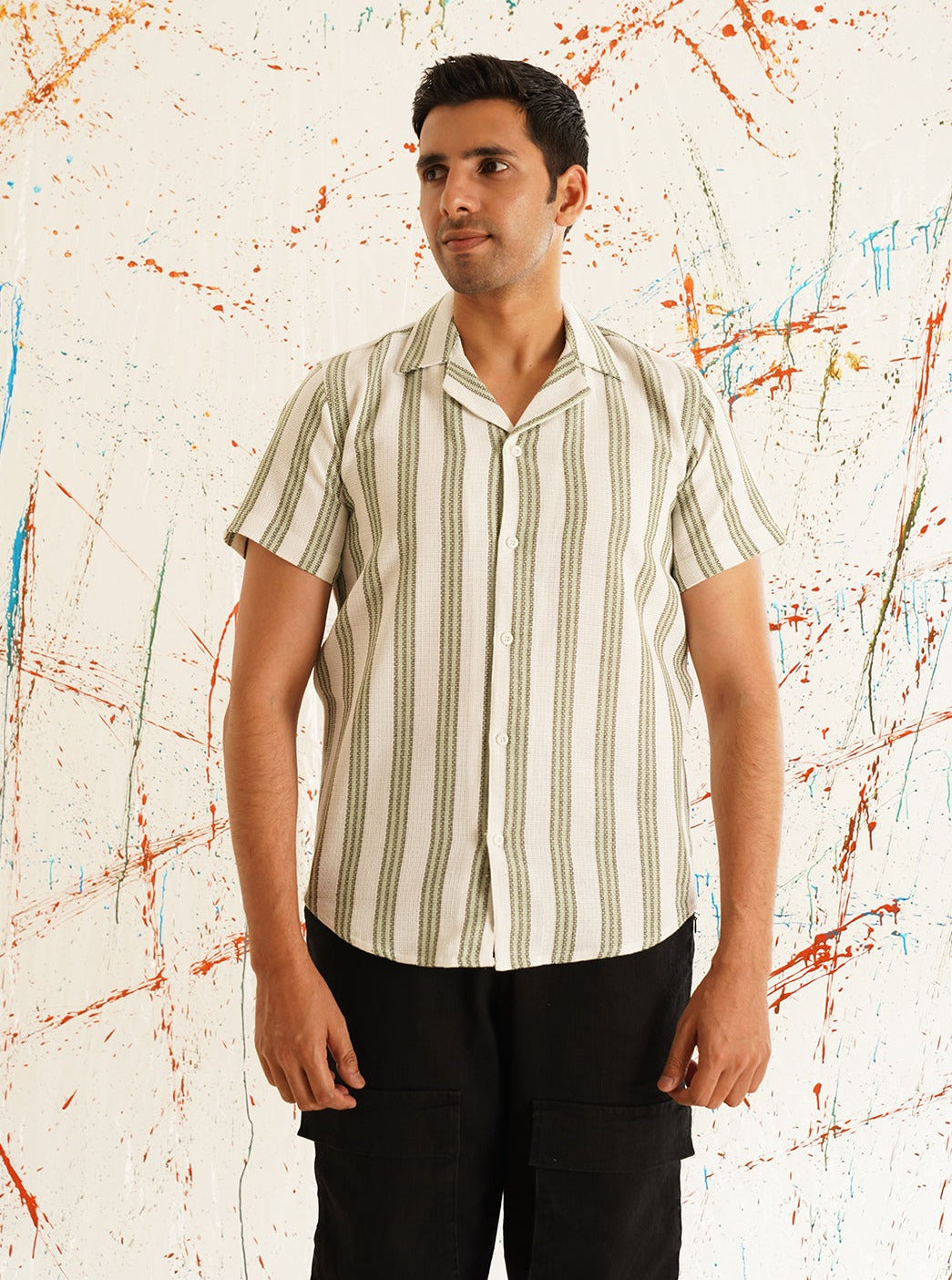 Men's Classic Striped Spread Collar Cotton Curved Casual Shirt