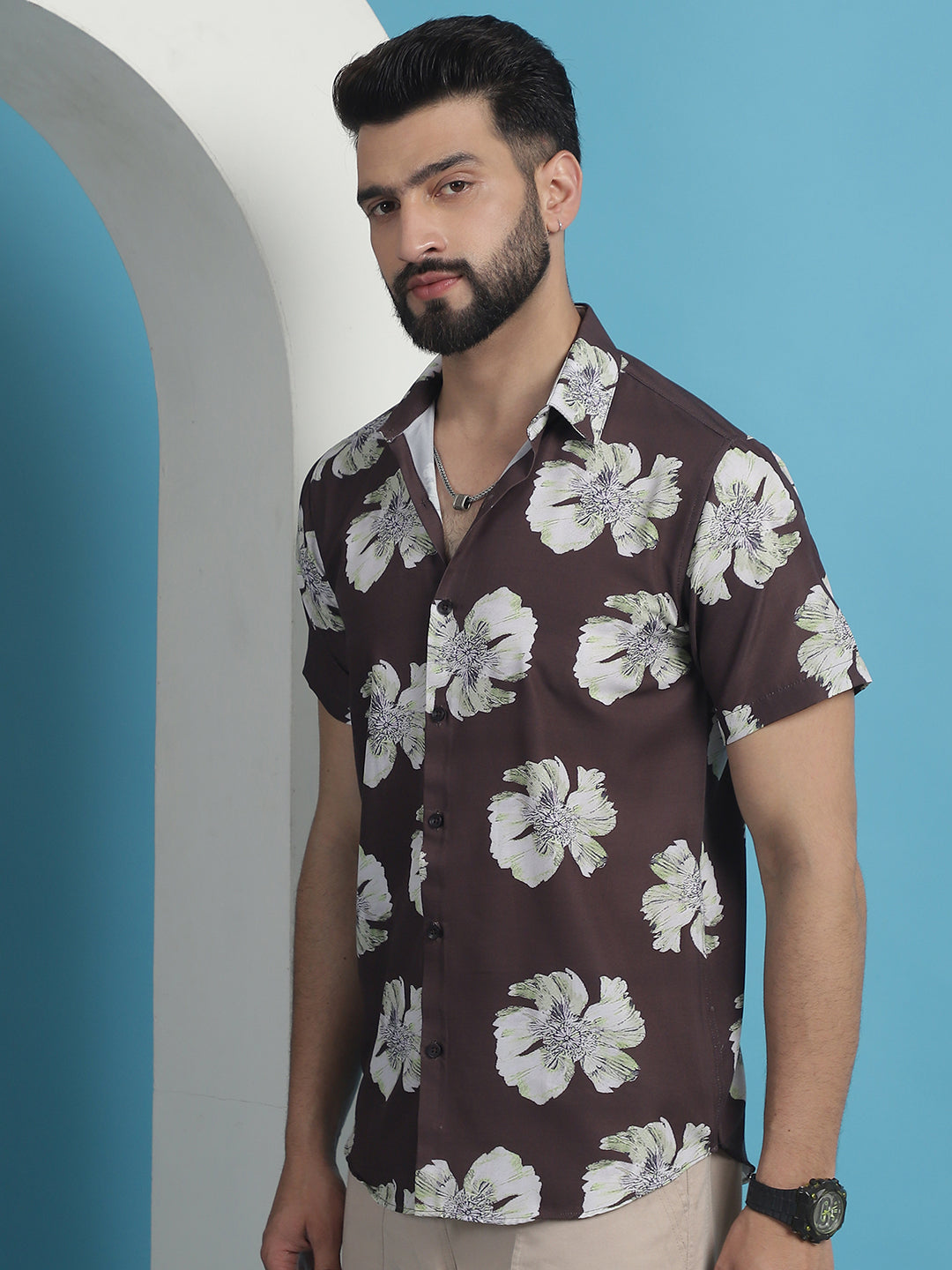 Men's Brown Floral Printed Cotton Casual Shirt