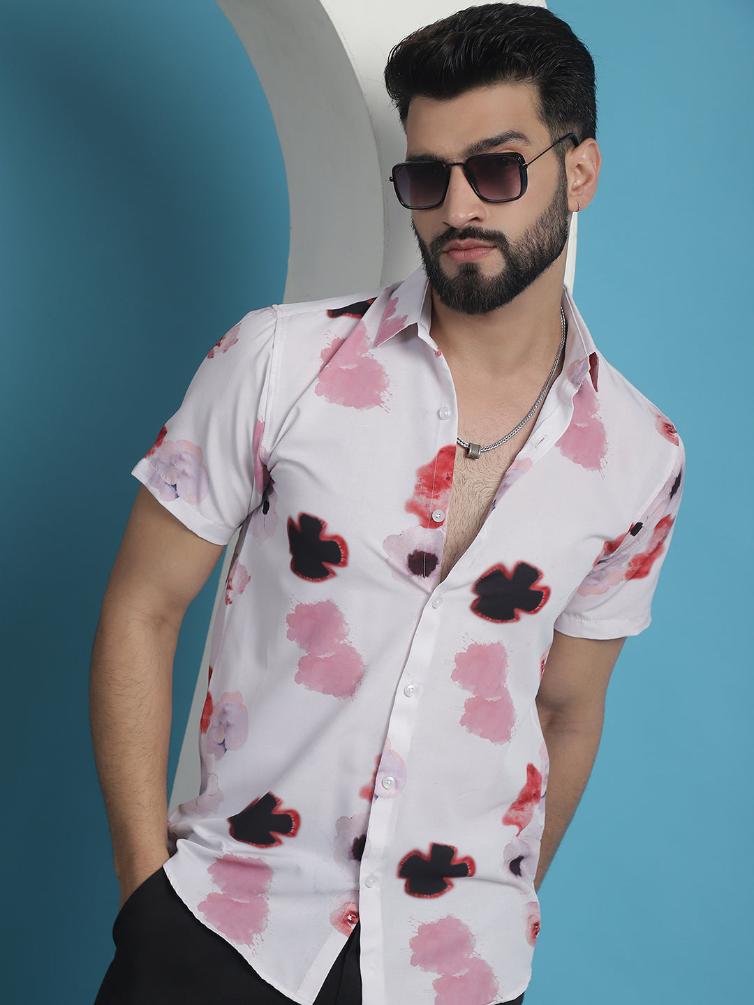 Men's Pink Floral Printed Cotton Casual Shirt
