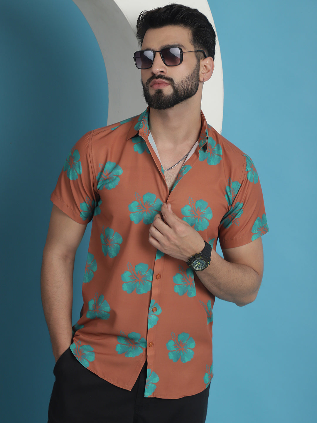 Men's Rust Floral Printed Cotton Casual Shirt