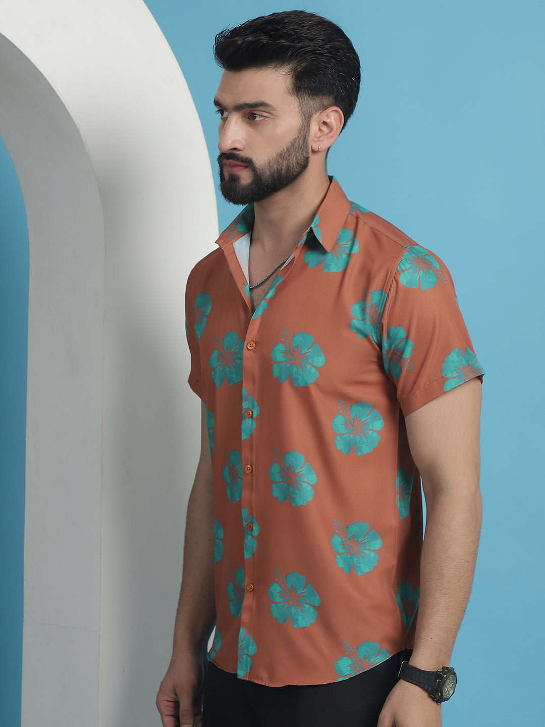 Men's Rust Floral Printed Cotton Casual Shirt