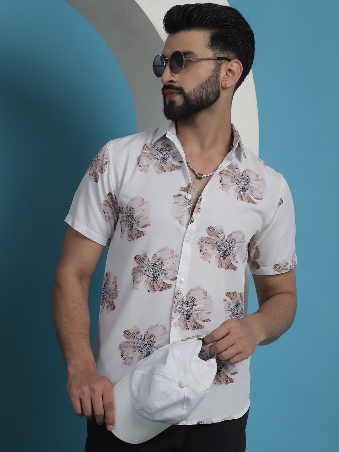 Men's White Floral Printed Cotton Casual Shirt