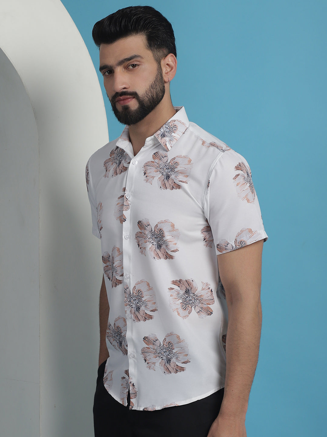 Men's White Floral Printed Cotton Casual Shirt