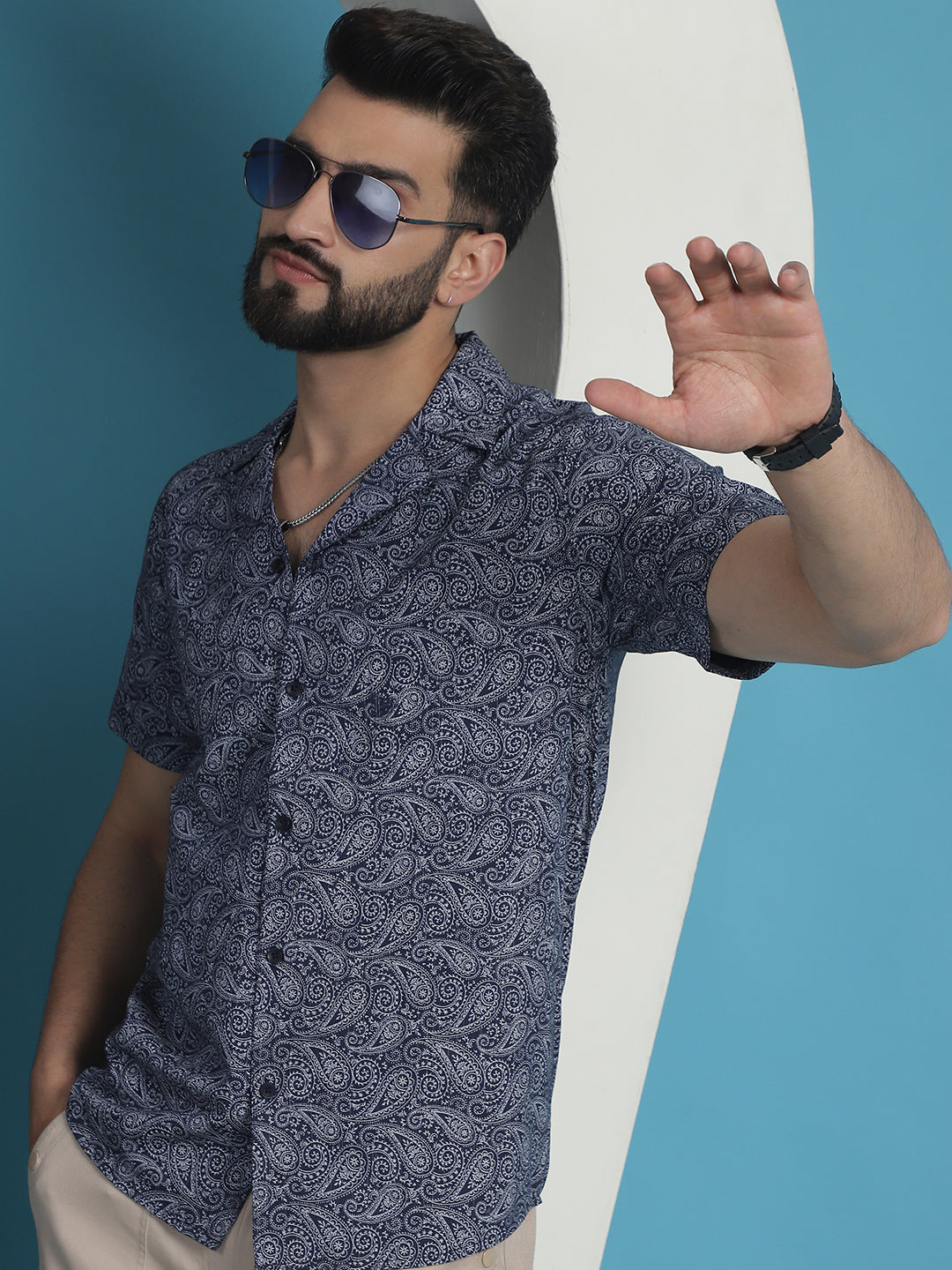Men's Navy Blue Paisley Printed Cotton Casual Shirt