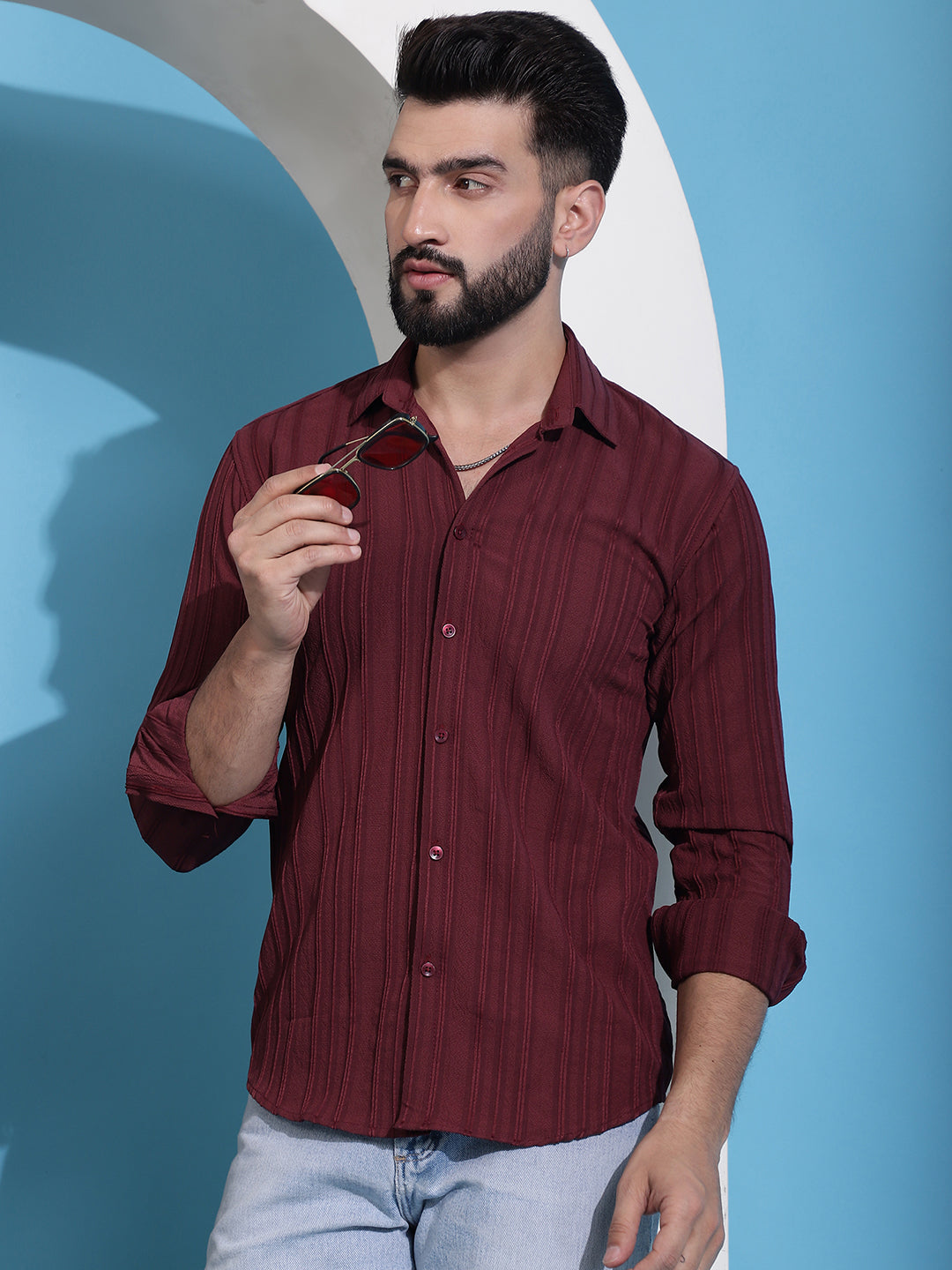 Men's Maroon Striped Casual Shirt for .