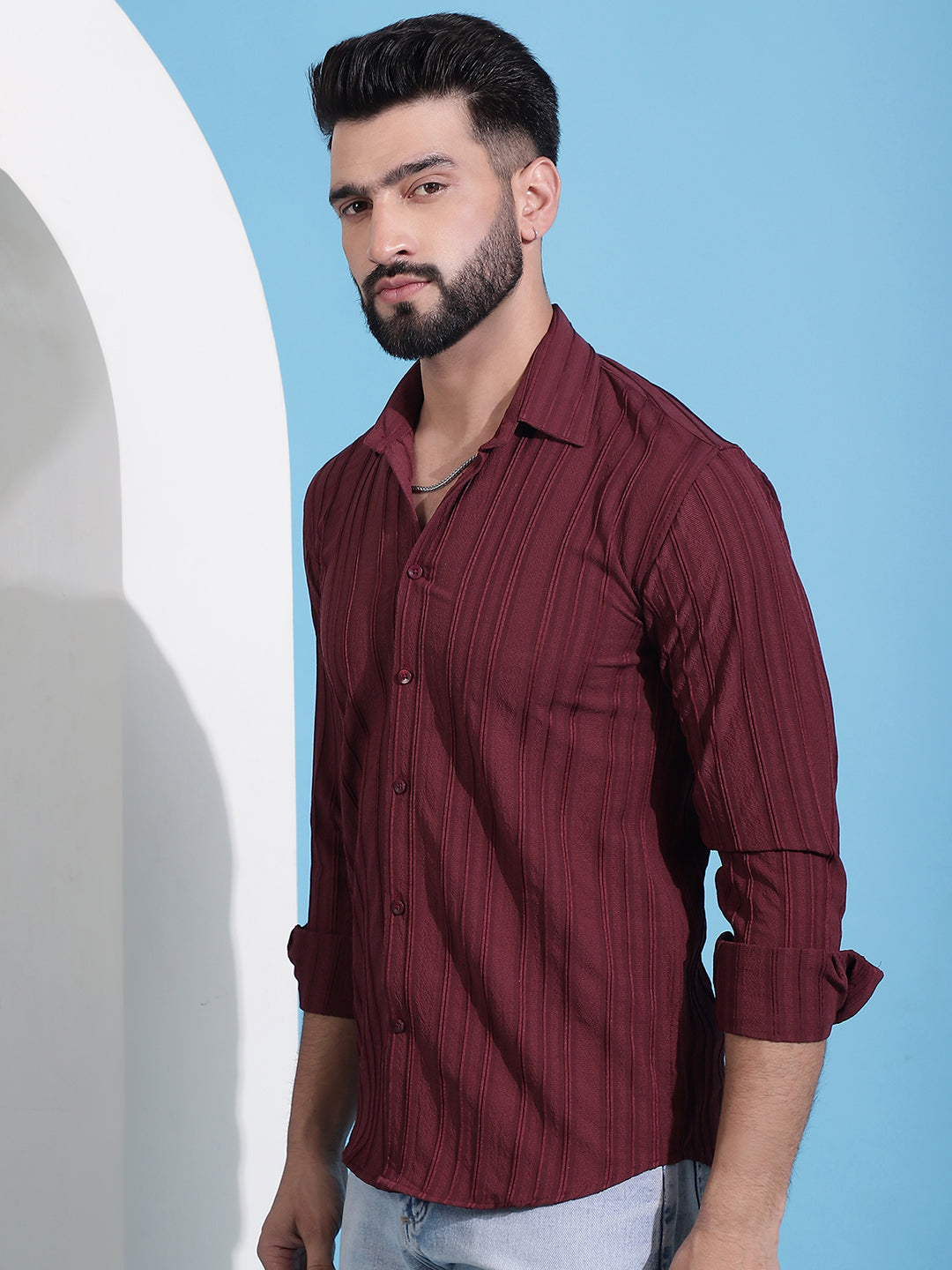 Men's Maroon Striped Casual Shirt for .