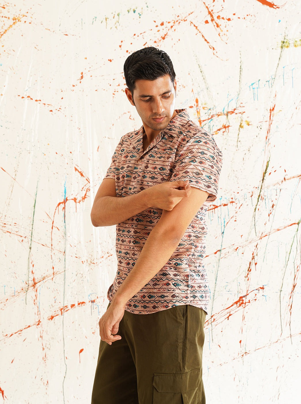 Men's Classic Peach Printed Spread Collar Short Sleeves Cotton Casual Shirt