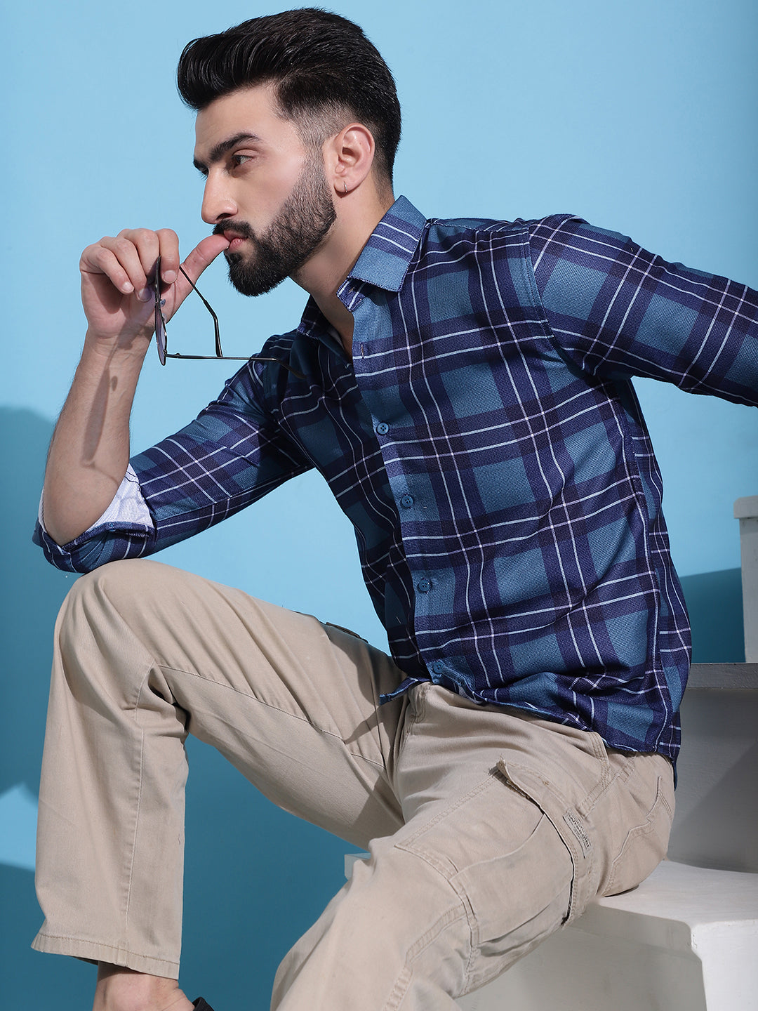Men's Blue Checked Cotton Casual Shirt for Men