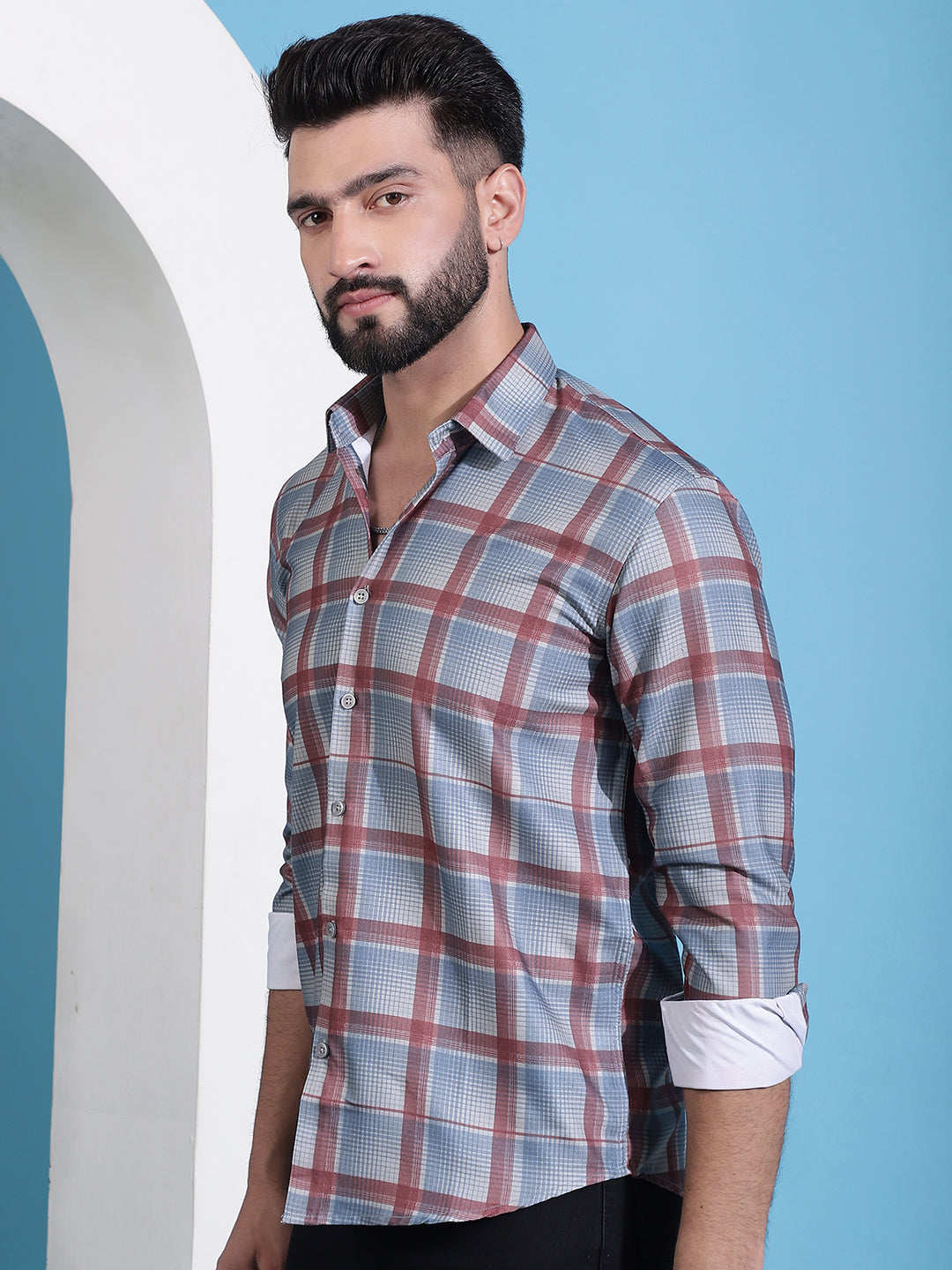 Men's Grey Checked Cotton Casual Shirt for Men