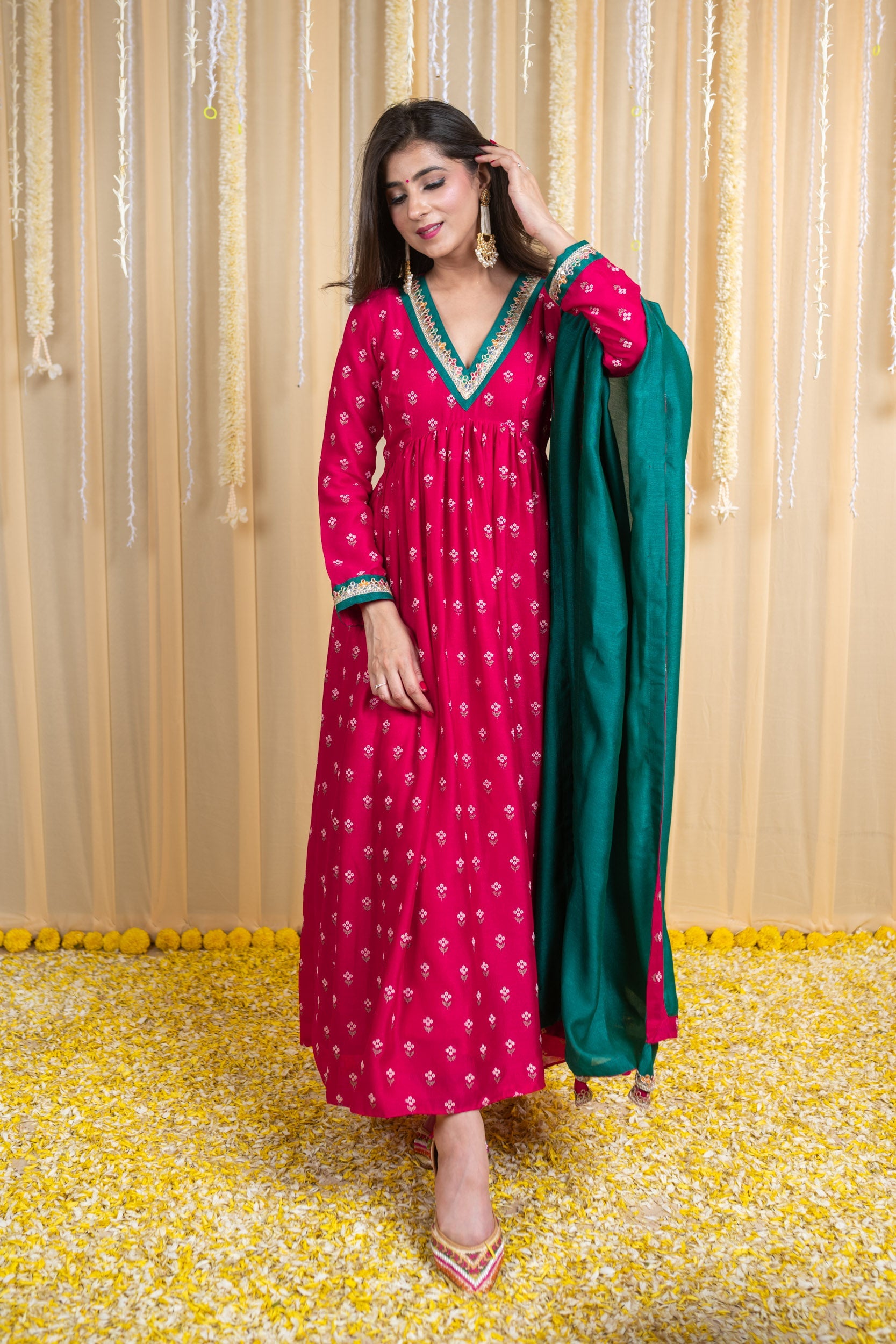 Women's Pink & Green Rubber Foil Print Flared Anarkaliâ Set