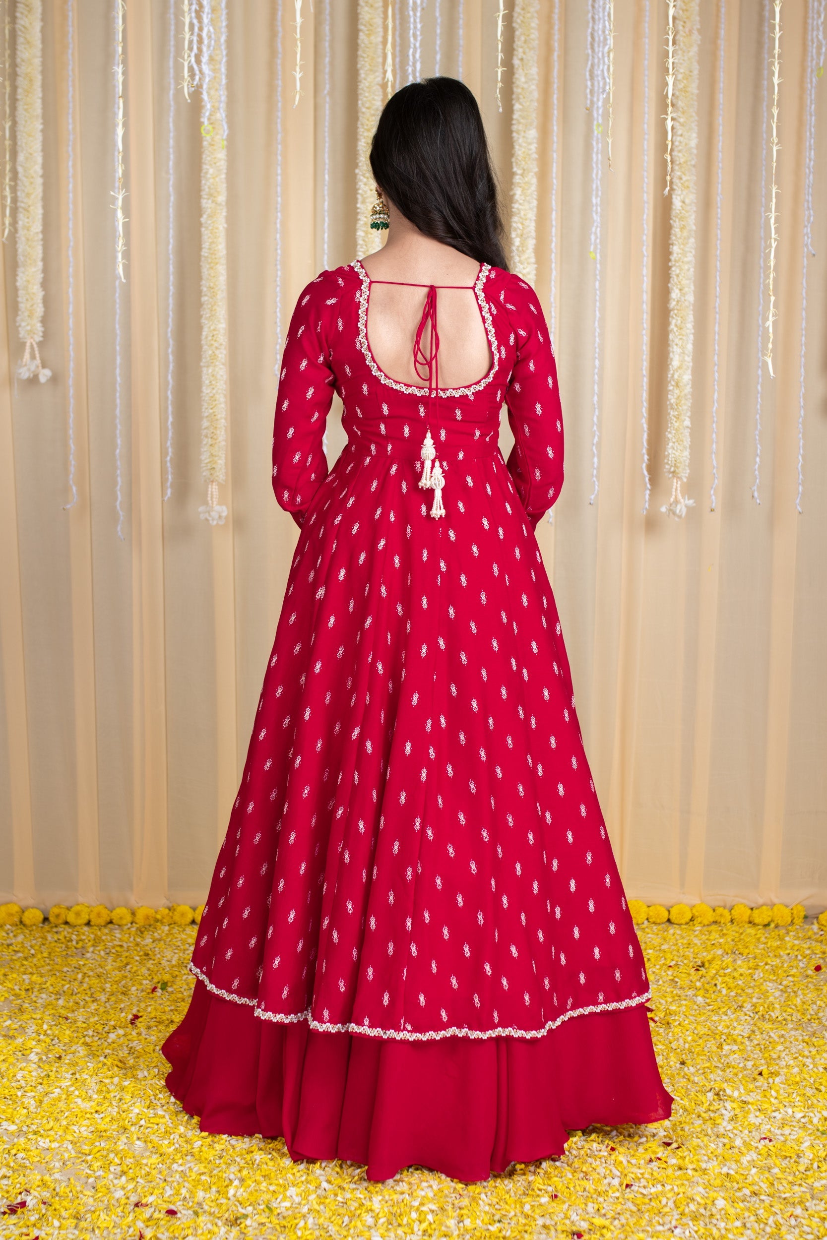 Women's Red Anarkali Lehenga Set With Rubber Foilâ Detailing