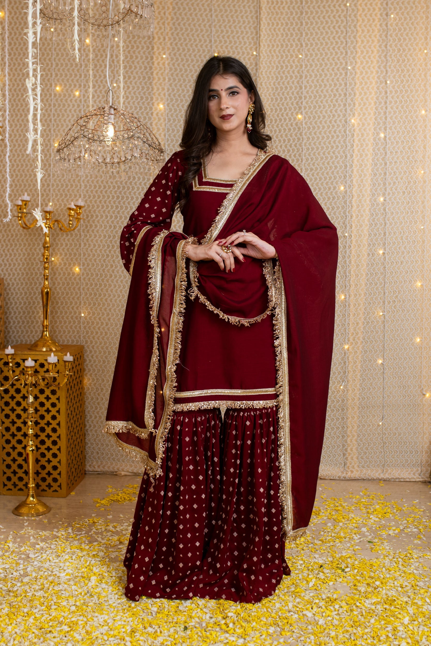 Women's Maroon Short Kurta & Sharara With Rubberâ Foilâ Work