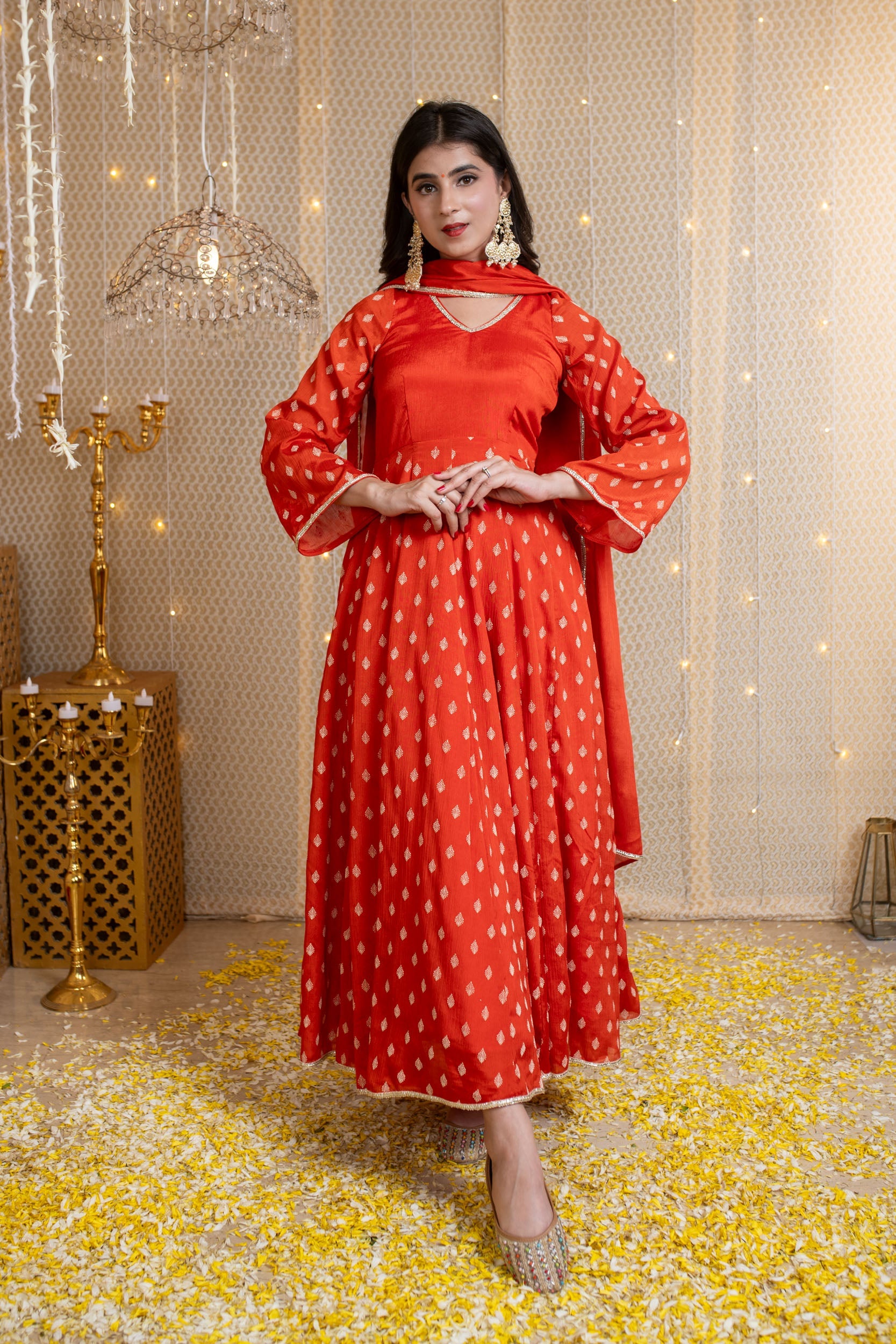 Women's Orange Anarkali Suit With Rubber Foil Work