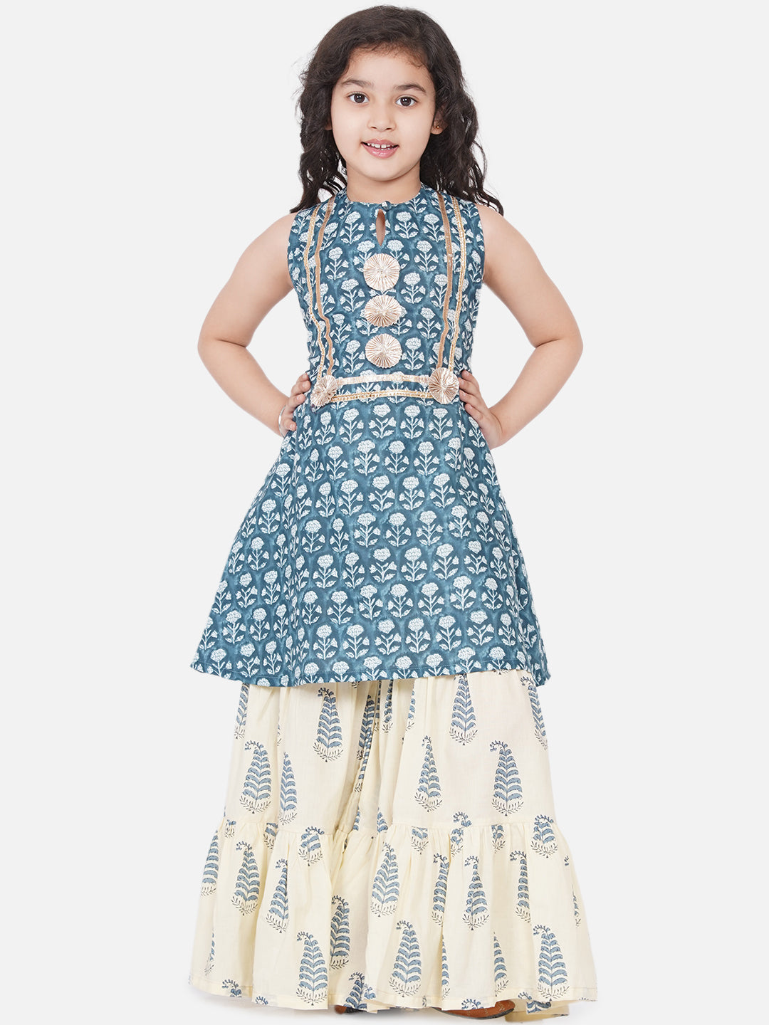 Girl's Blue-Printed Kurta With Sharara