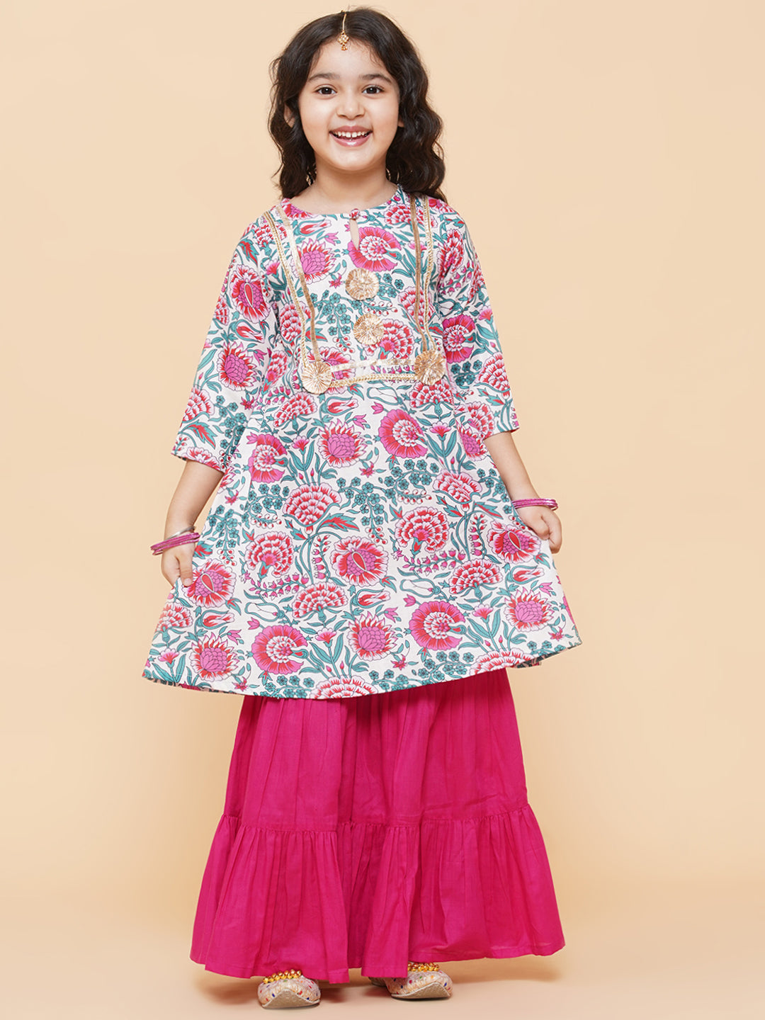 Girl's White Floral Printed  Kurta With Sharara