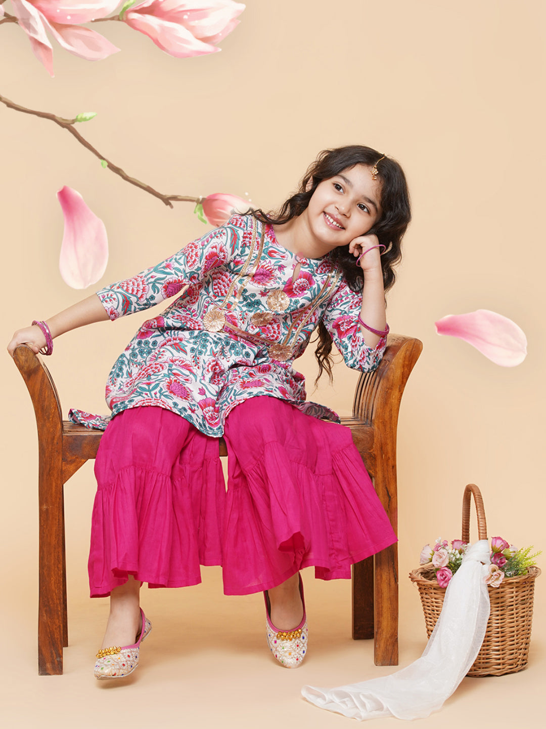 Girl's White Floral Printed  Kurta With Sharara