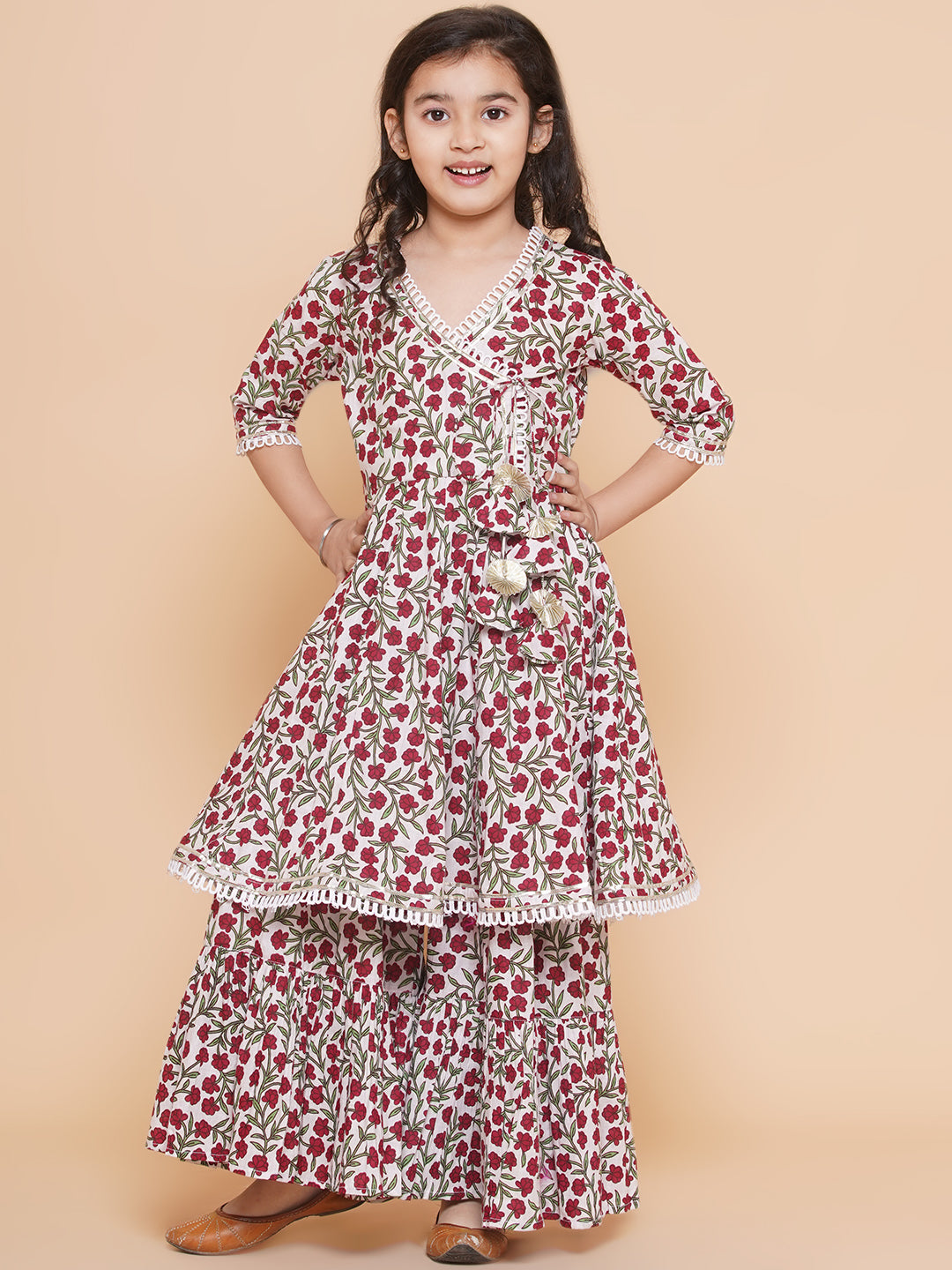 Girl's Off White Multi - Printed Kurta With Sharara