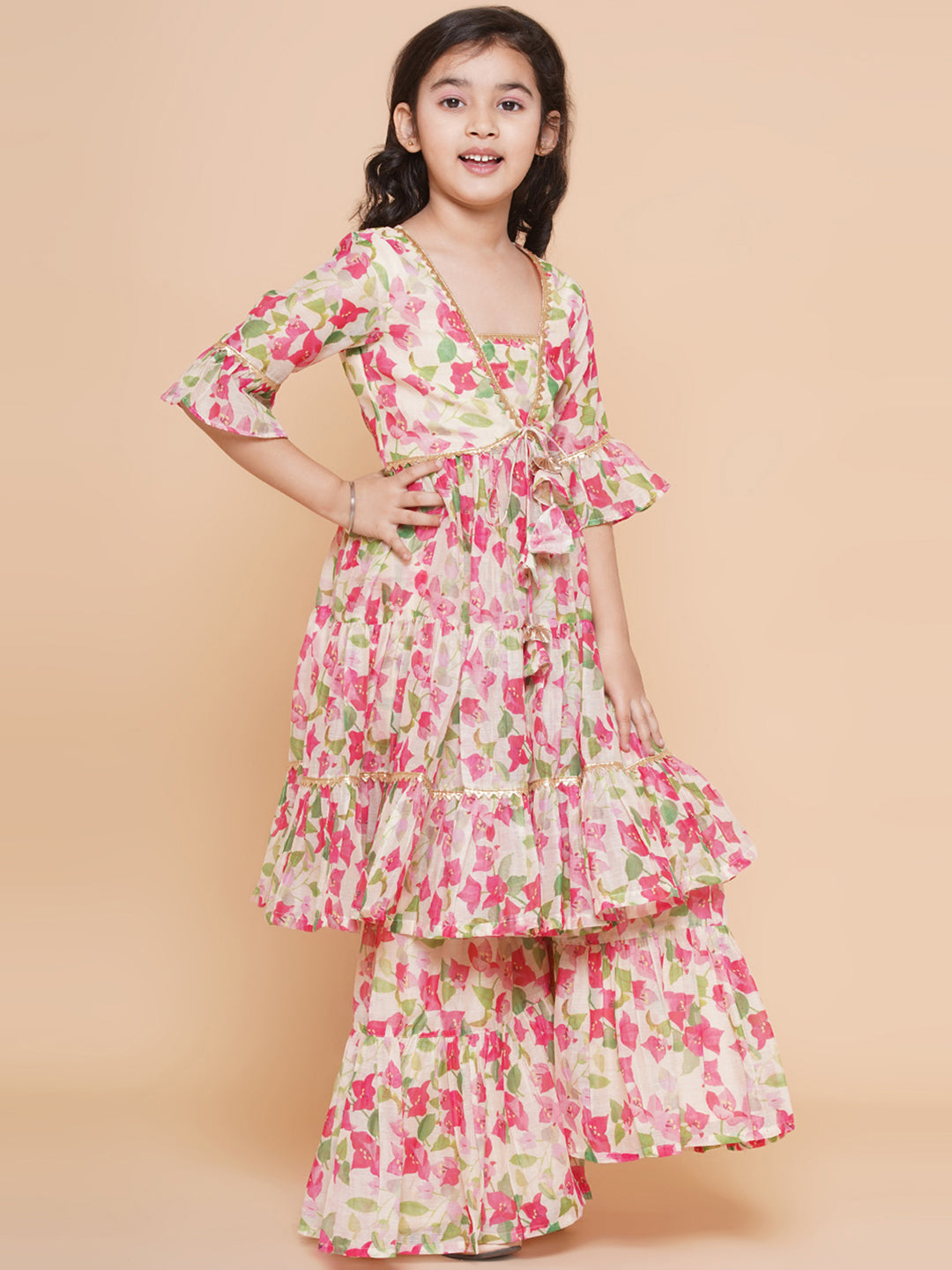 Girl's Cream Multi Printed Kurta With Sharara