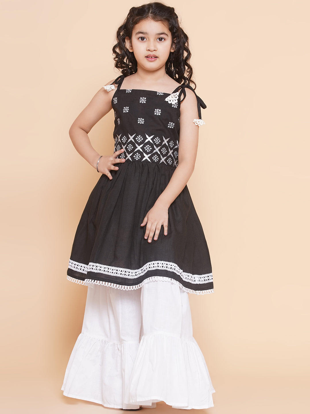 Girl's Black Ethnic Motifs Embroidered  Kurta With White Sharara