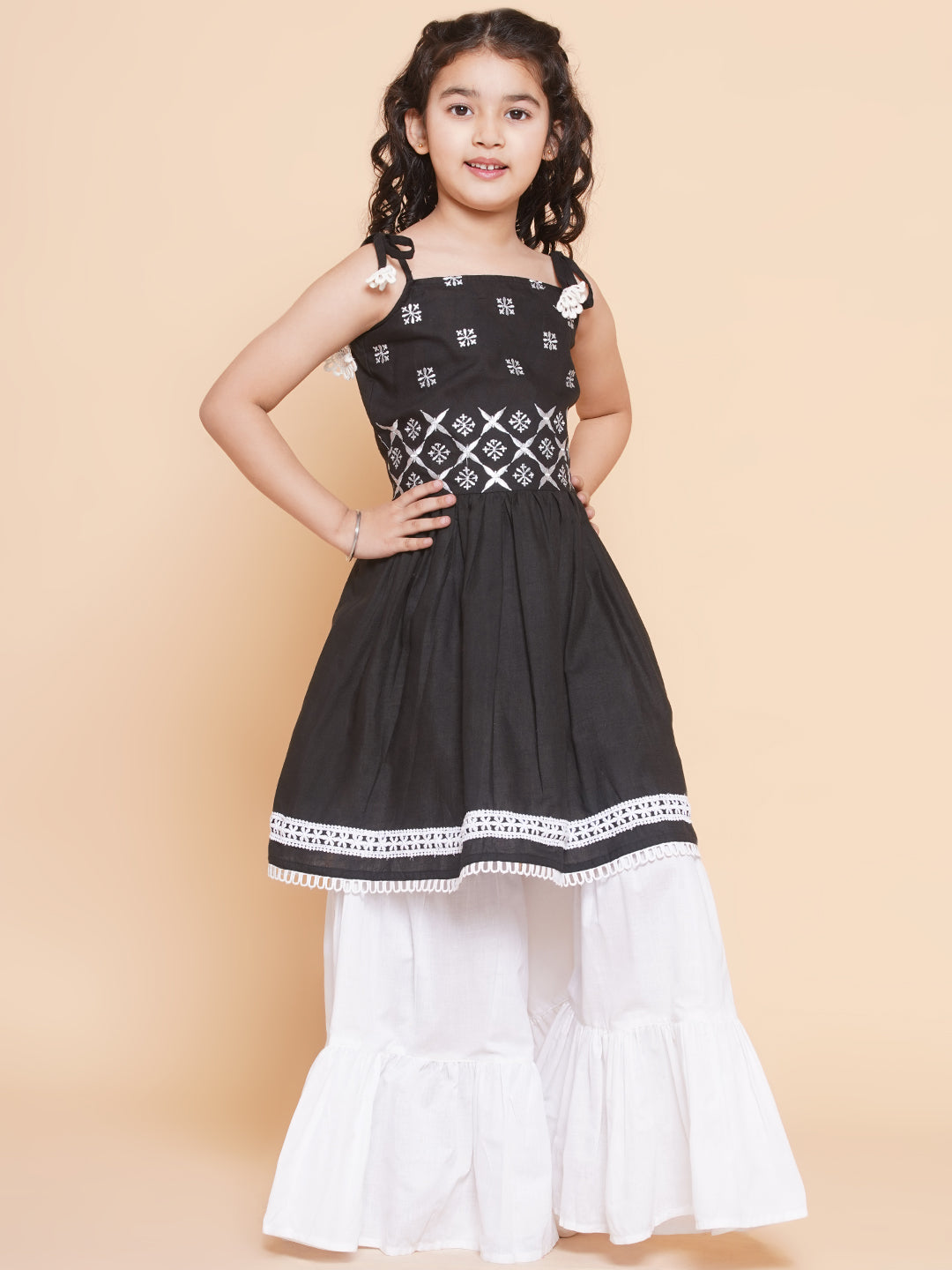 Girl's Black Ethnic Motifs Embroidered  Kurta With White Sharara