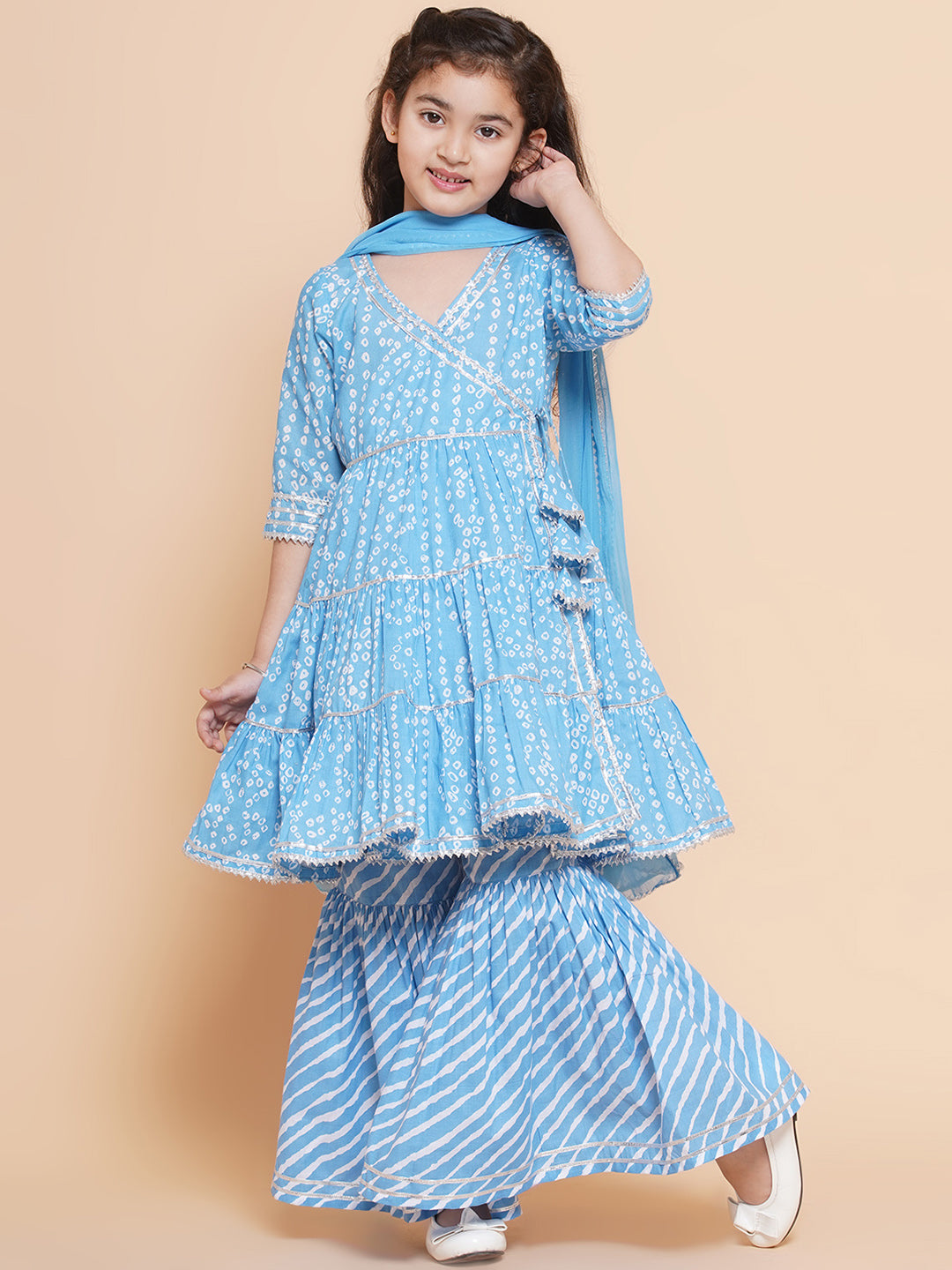 Girl's  Blue Bandhani  Printed Angrakha Gotta Patti Kurta With Sharara  With Dupatta