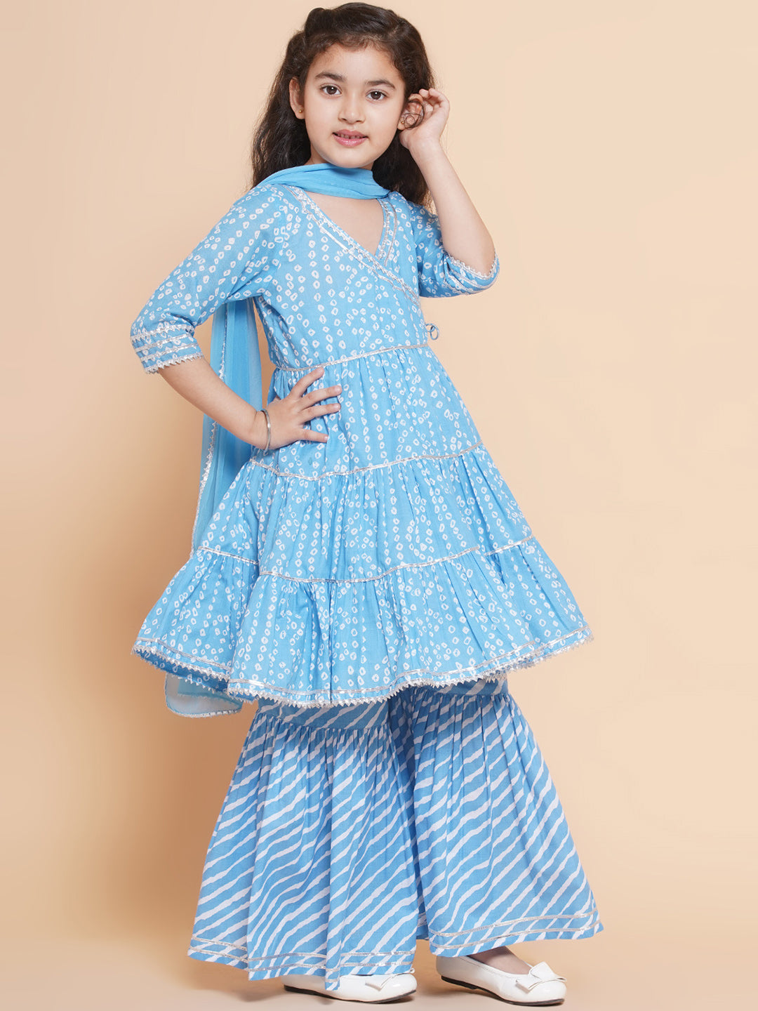 Girl's  Blue Bandhani  Printed Angrakha Gotta Patti Kurta With Sharara  With Dupatta