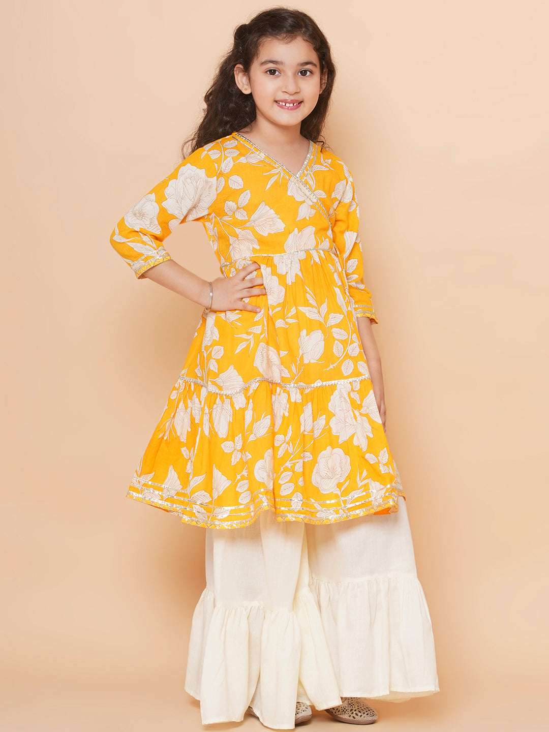Girl's Yellow Floral Printed Angrakha Gotta Patti Kurta With Sharara