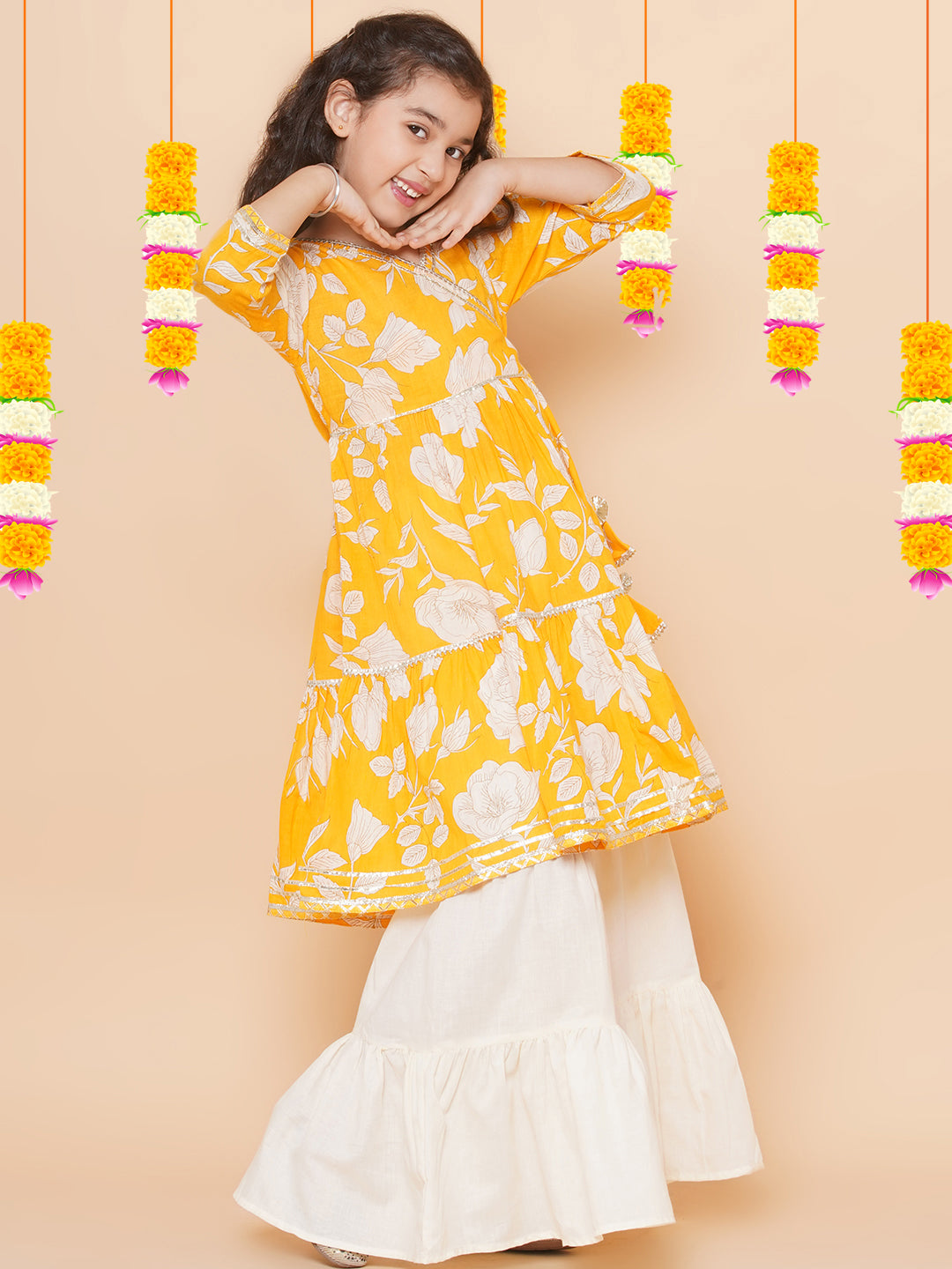 Girl's Yellow Floral Printed Angrakha Gotta Patti Kurta With Sharara