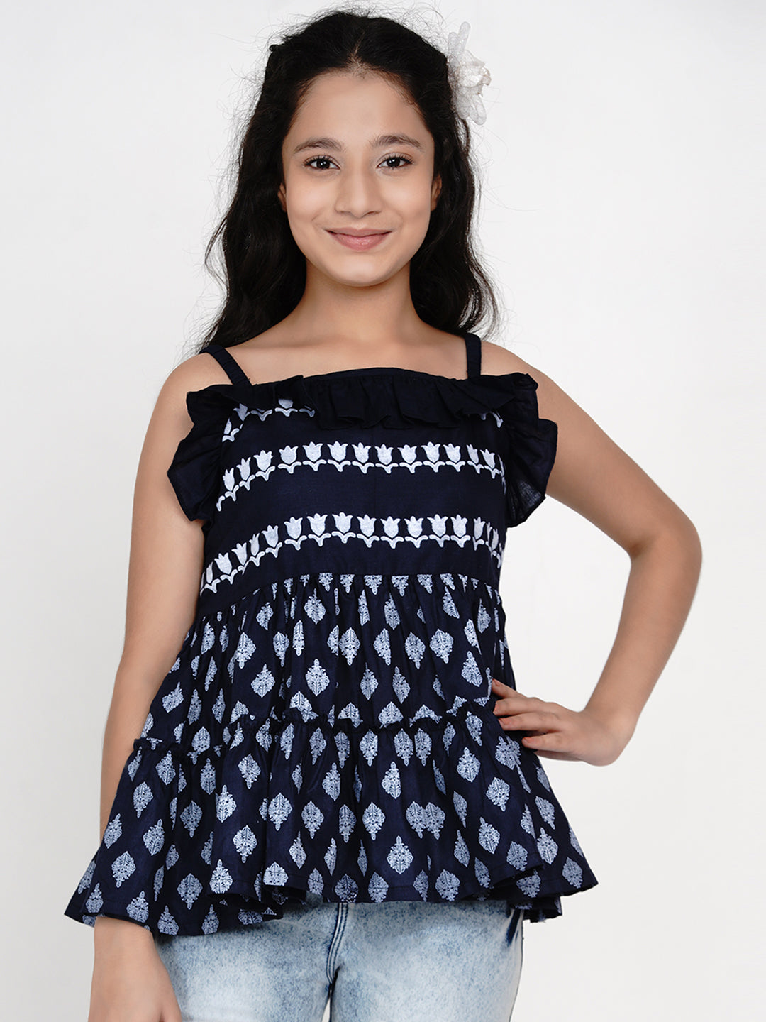 Girl's Blue & White Printed Top
