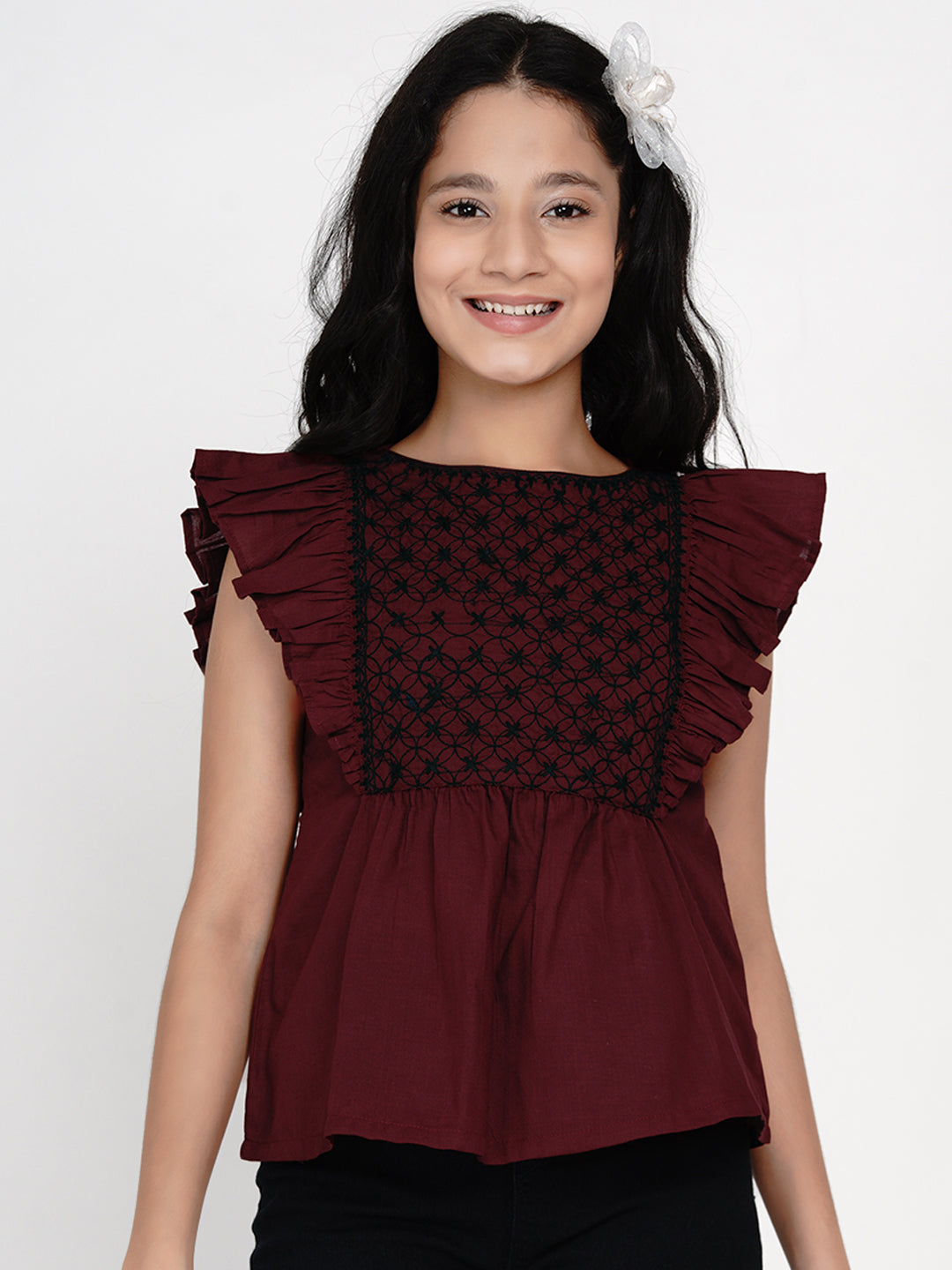 Girl's Maroon & Black Embroidered Top
